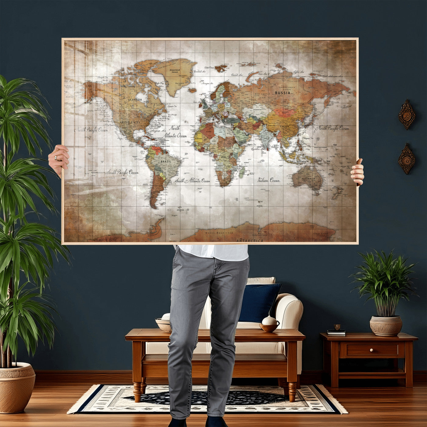 51643807-MGV-CV-36X24 - World Map Wall Art Canvas Print, Modern Decorative Framed Map Artwork Prints for Living Room, Office, Bedroom Wall Decor