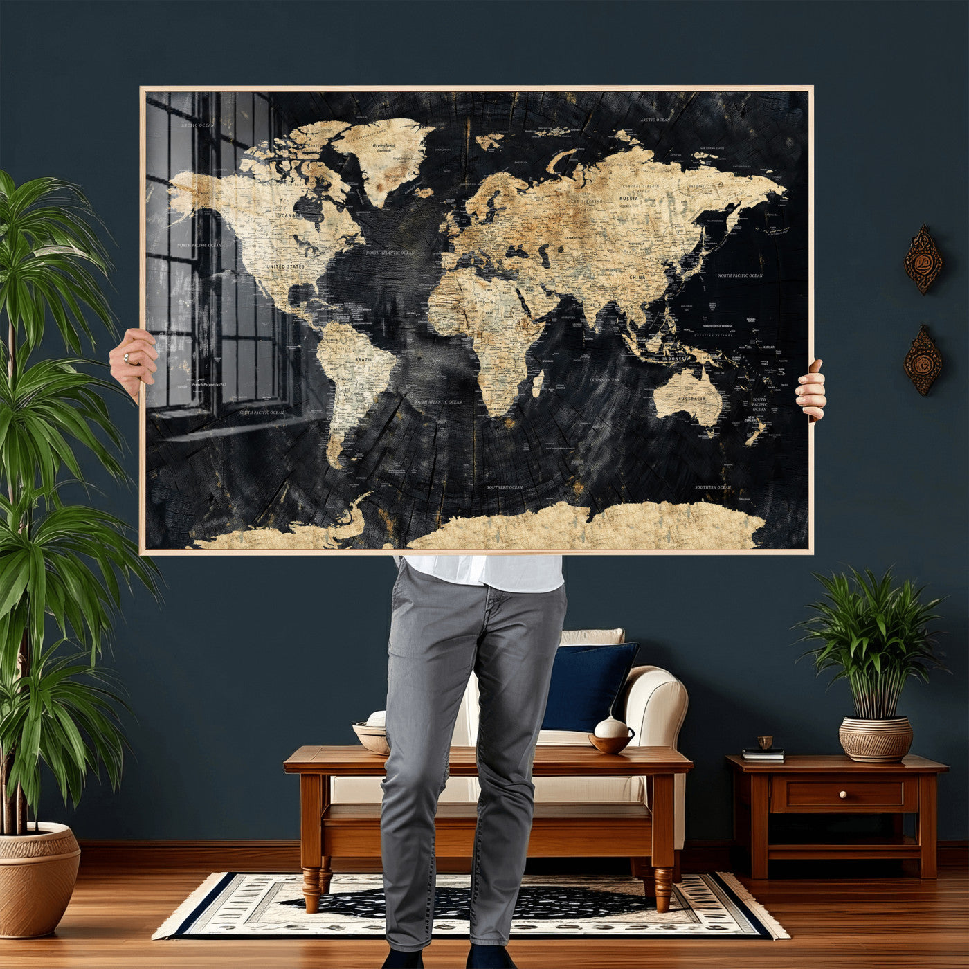 45535041-MGV-CV-36X24 - World Map Wall Art Canvas Print, Modern Decorative Framed Map Artwork Prints for Living Room, Office, Bedroom Wall Decor