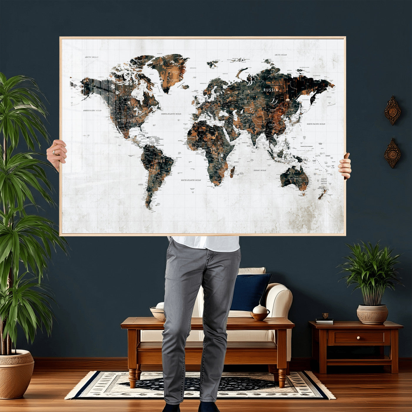 60008766-MGV-CV-36X24 - World Map Wall Art Canvas Print, Modern Decorative Framed Map Artwork Prints for Living Room, Office, Bedroom Wall Decor