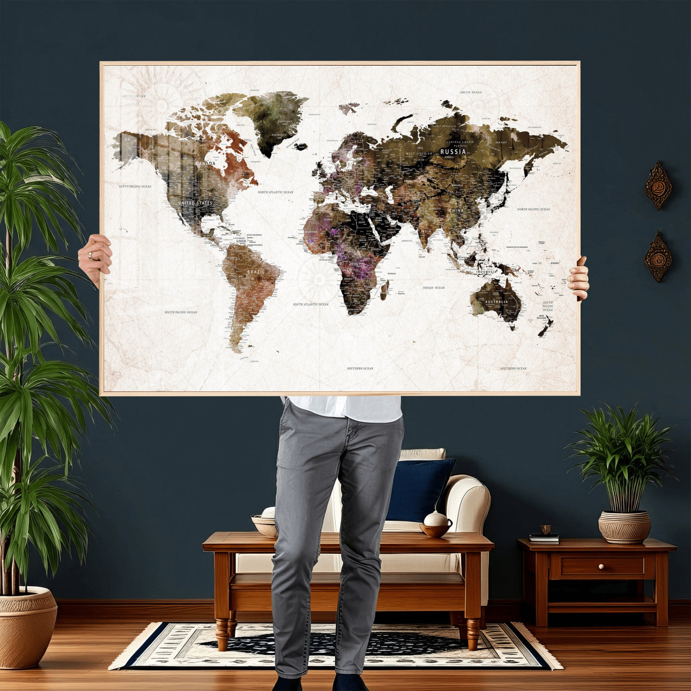 77651968-MGV-CV-36X24 - World Map Wall Art Canvas Print, Modern Decorative Framed Map Artwork Prints for Living Room, Office, Bedroom Wall Decor