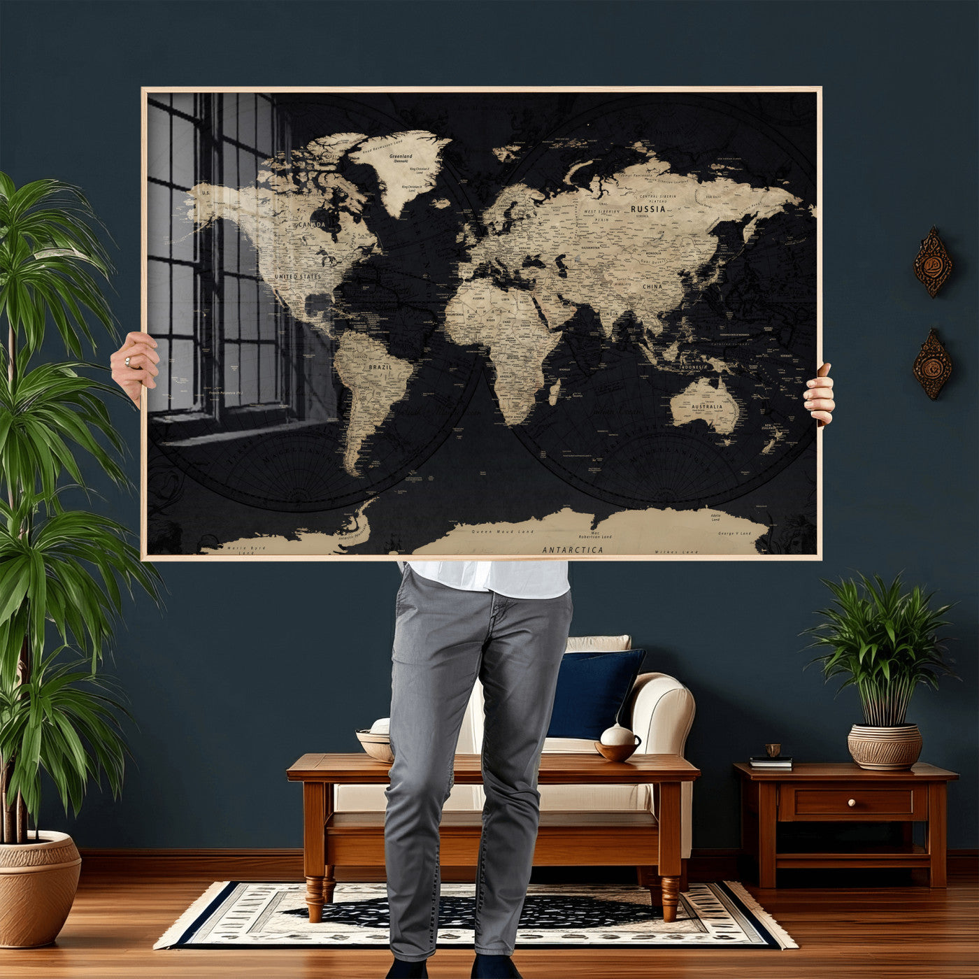 61835687-MGV-CV-36X24 - World Map Wall Art Canvas Print, Modern Decorative Framed Map Artwork Prints for Living Room, Office, Bedroom Wall Decor