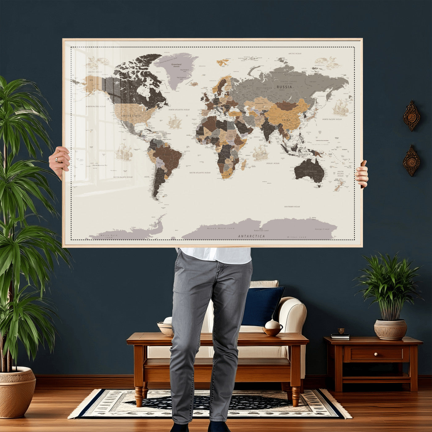 58777746-MGV-CV-36X24 - World Map Wall Art Canvas Print, Modern Decorative Framed Map Artwork Prints for Living Room, Office, Bedroom Wall Decor