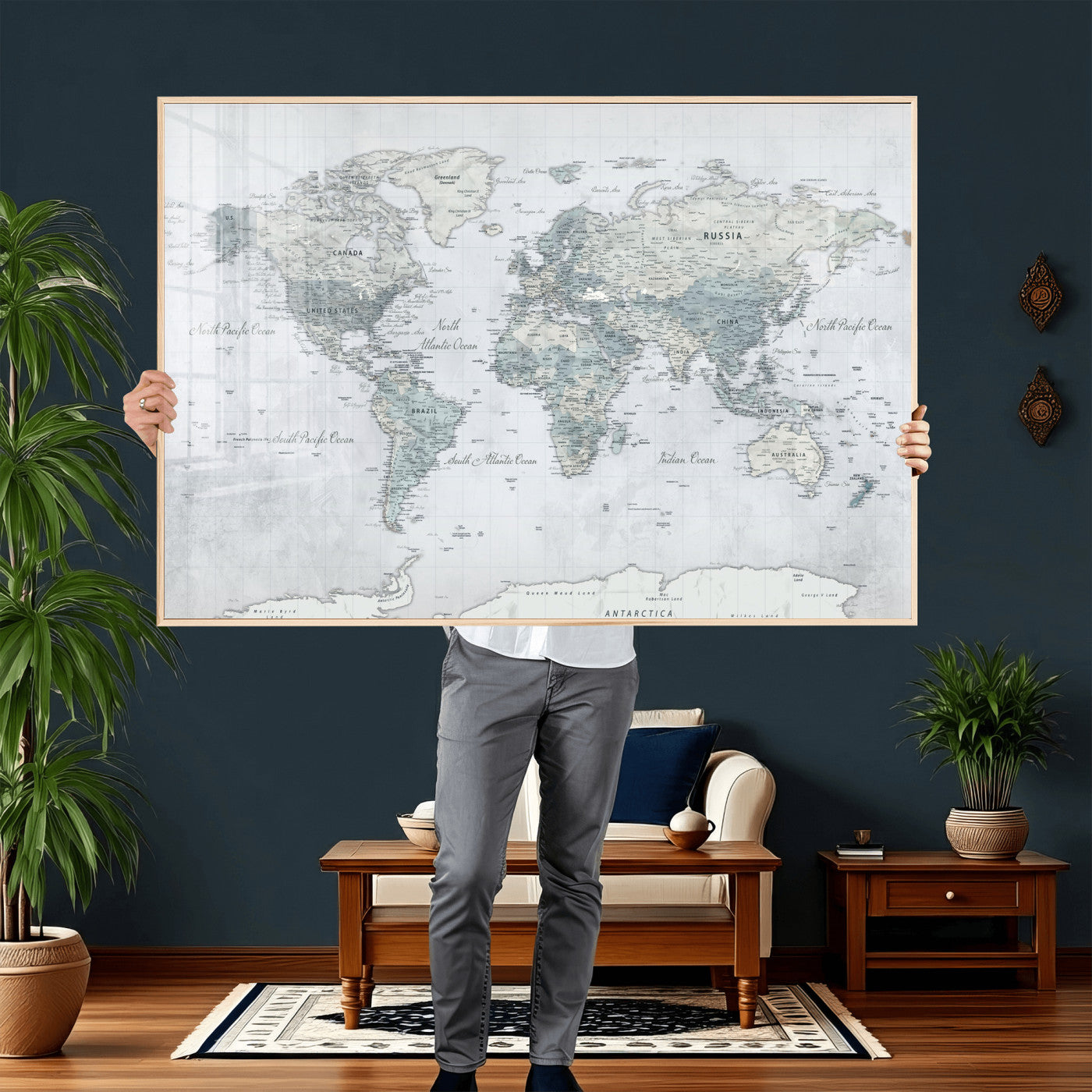 71091917-MGV-CV-36X24 - World Map Wall Art Canvas Print, Modern Decorative Framed Map Artwork Prints for Living Room, Office, Bedroom Wall Decor