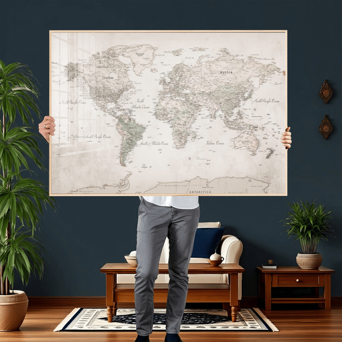 90355419-MGV-CV-36X24 - World Map Wall Art Canvas Print, Modern Decorative Framed Map Artwork Prints for Living Room, Office, Bedroom Wall Decor