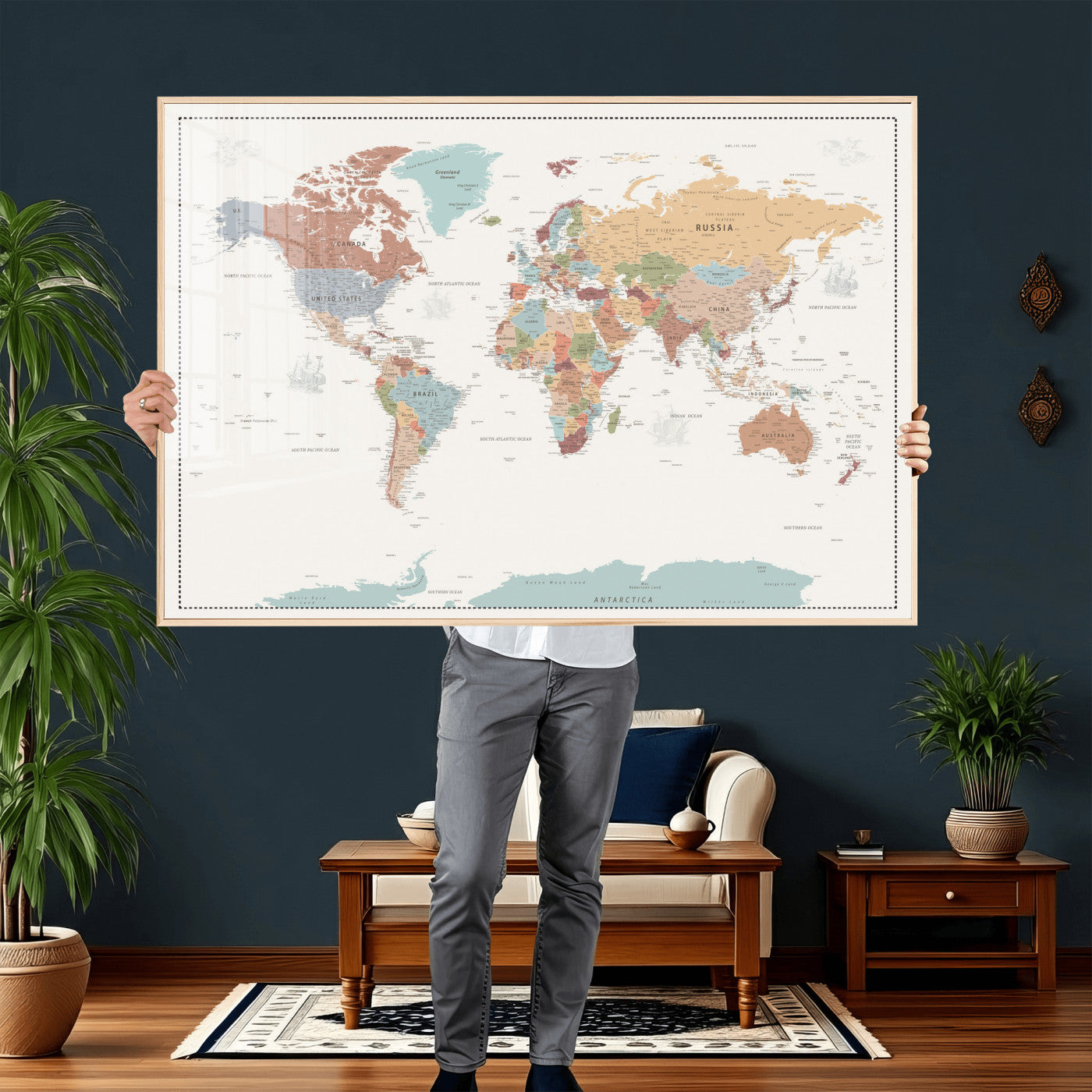 63447567-MGV-CV-36X24 - World Map Wall Art Canvas Print, Modern Decorative Framed Map Artwork Prints for Living Room, Office, Bedroom Wall Decor
