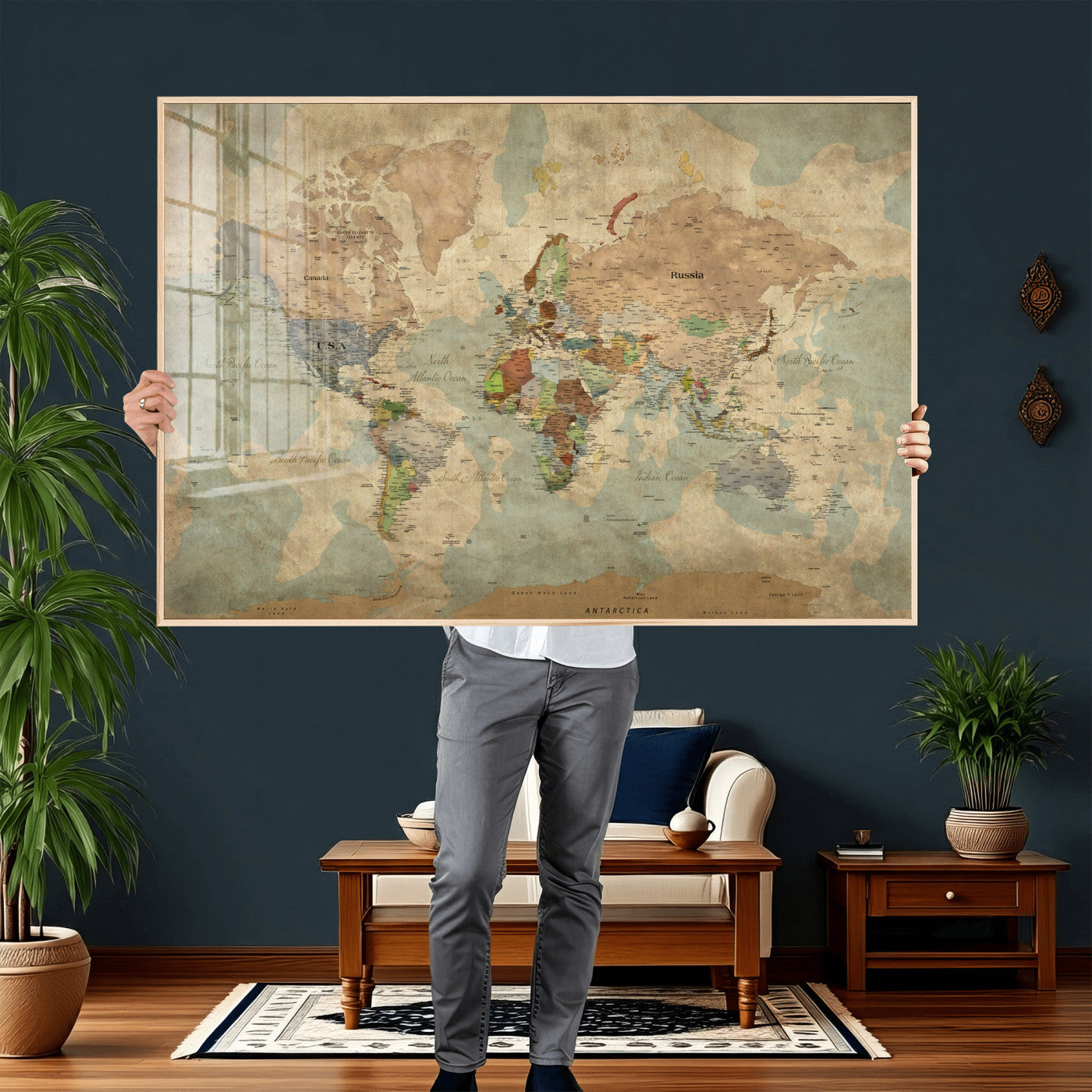 31492148-MGV-CV-36X24 - World Map Wall Art Canvas Print, Modern Decorative Framed Map Artwork Prints for Living Room, Office, Bedroom Wall Decor