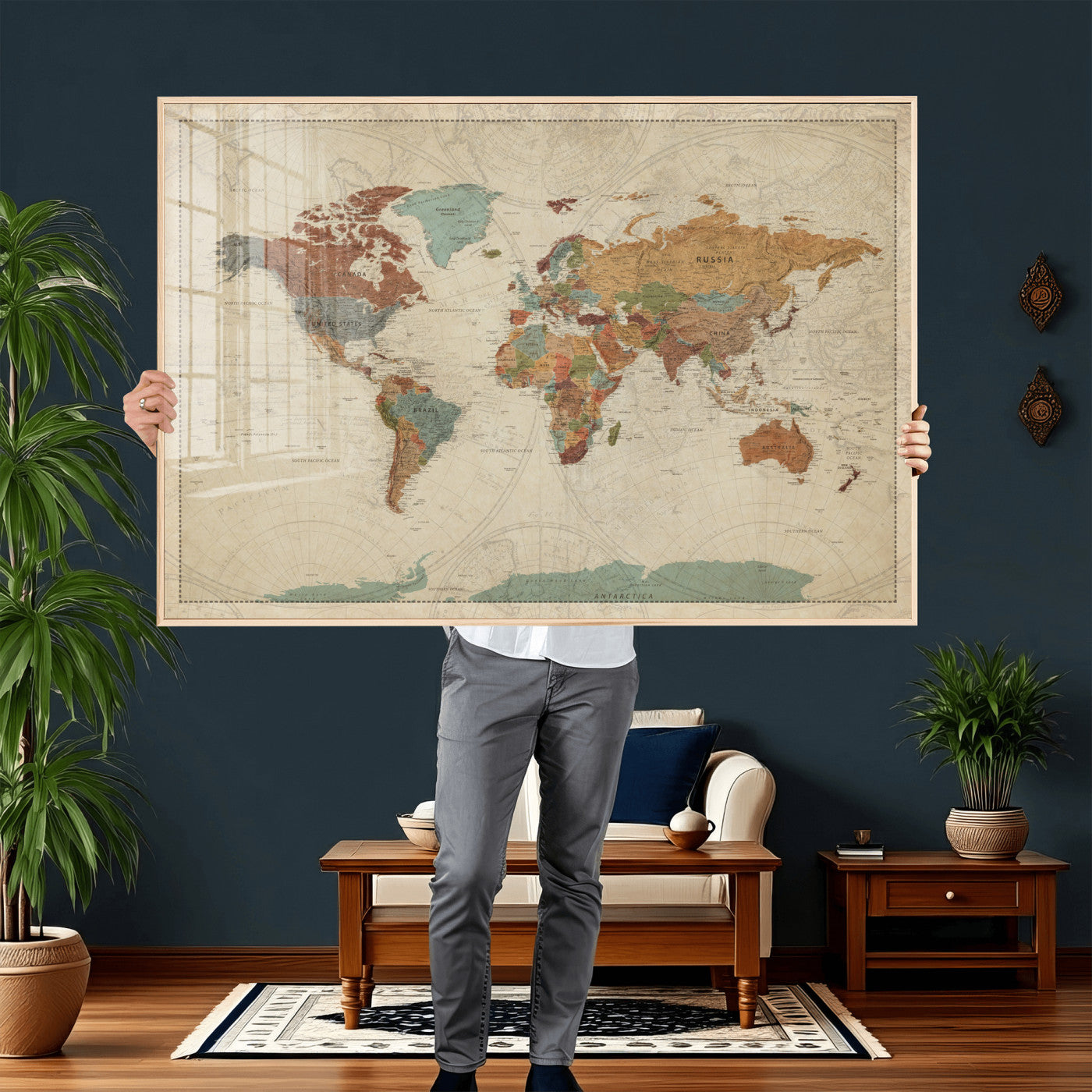 74172497-MGV-CV-36X24 - World Map Wall Art Canvas Print, Modern Decorative Framed Map Artwork Prints for Living Room, Office, Bedroom Wall Decor