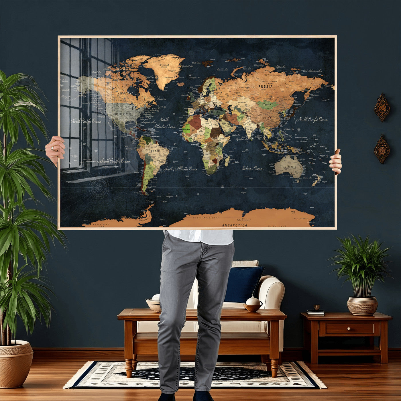 53717402-MGV-CV-36X24 - World Map Wall Art Canvas Print, Modern Decorative Framed Map Artwork Prints for Living Room, Office, Bedroom Wall Decor