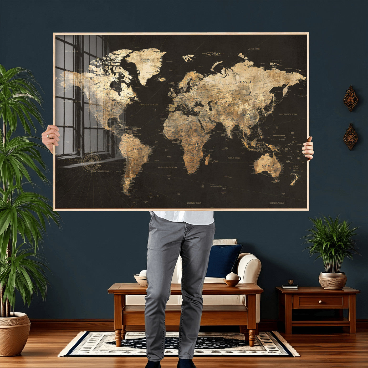 70985630-MGV-CV-36X24 - World Map Wall Art Canvas Print, Modern Decorative Framed Map Artwork Prints for Living Room, Office, Bedroom Wall Decor
