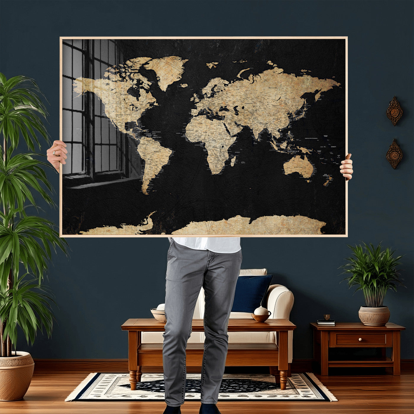 71518849-MGV-CV-36X24 - World Map Wall Art Canvas Print, Modern Decorative Framed Map Artwork Prints for Living Room, Office, Bedroom Wall Decor