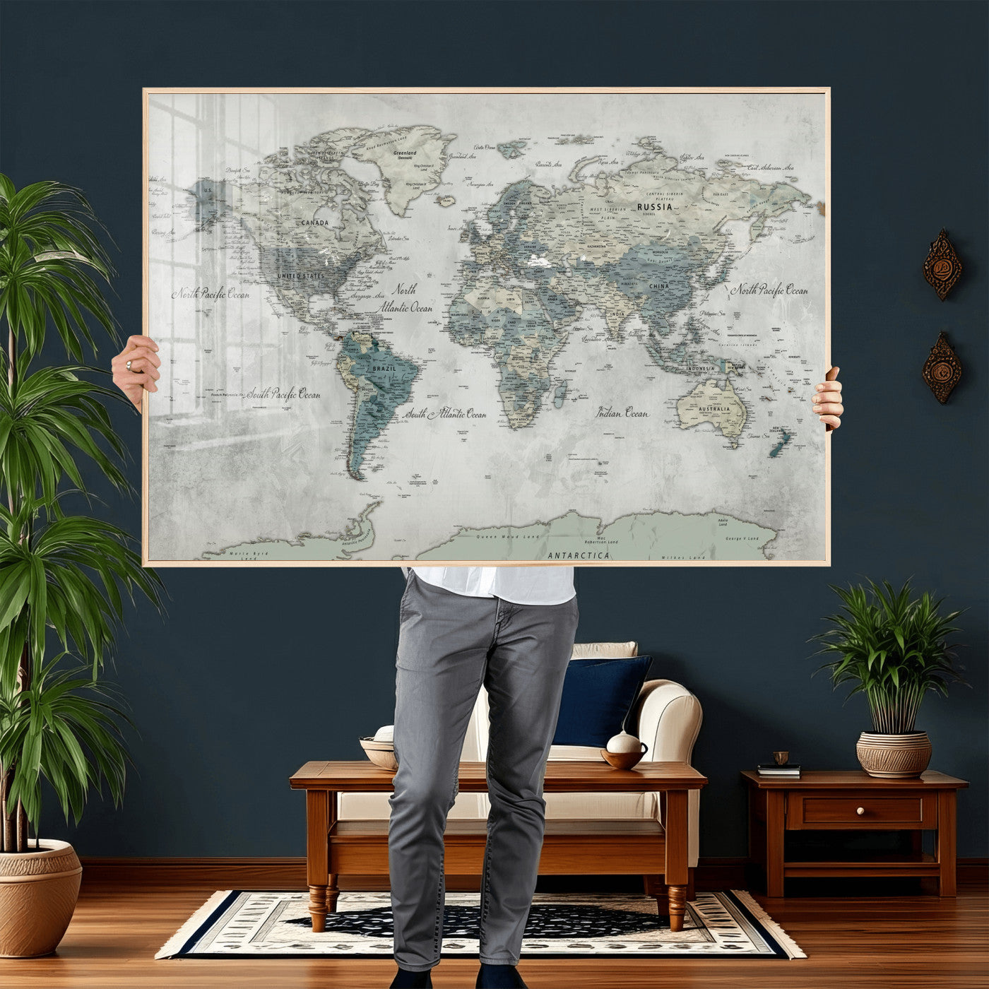 91132939-MGV-CV-36X24 - World Map Wall Art Canvas Print, Modern Decorative Framed Map Artwork Prints for Living Room, Office, Bedroom Wall Decor