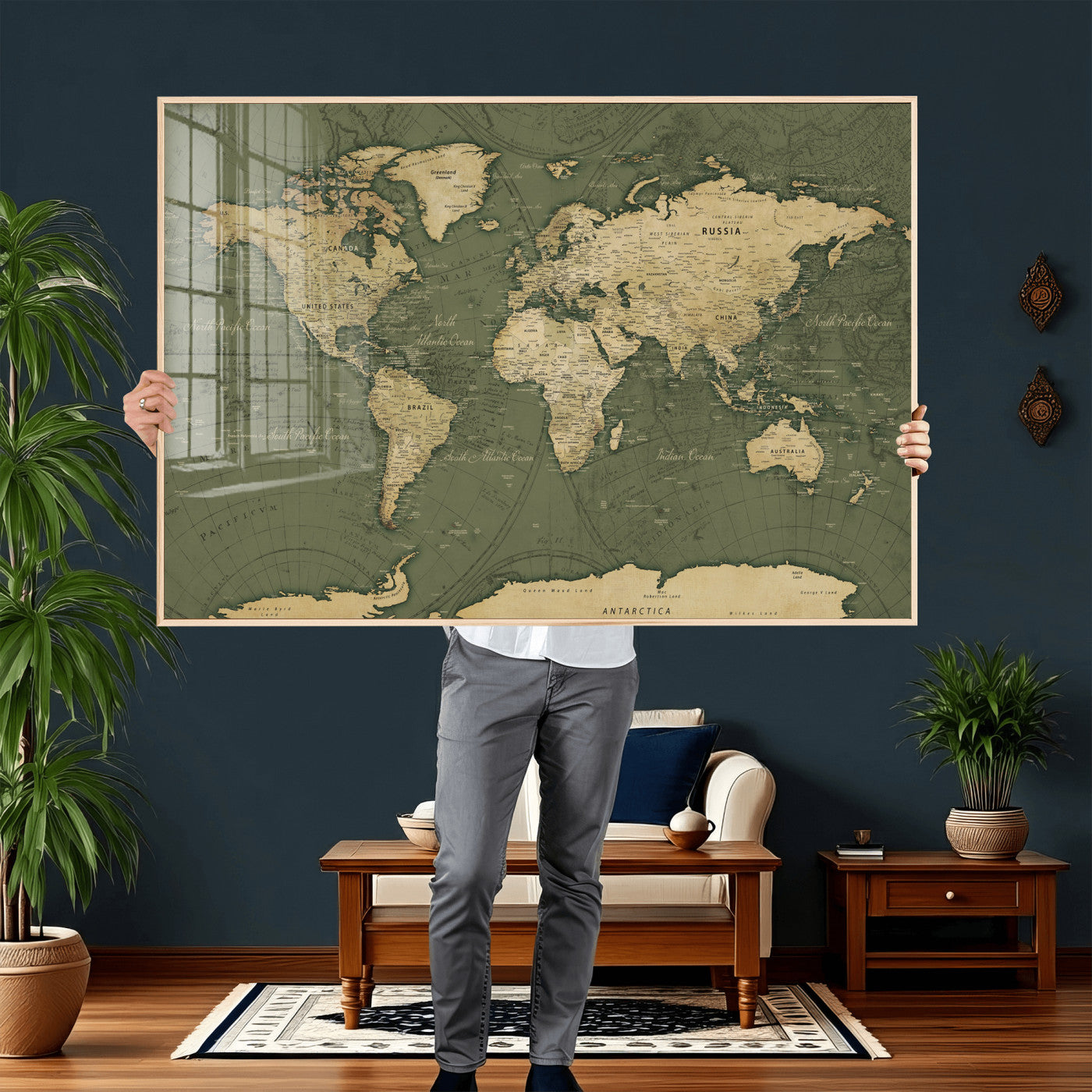 75846040-MGV-CV-36X24 - World Map Wall Art Canvas Print, Modern Decorative Framed Map Artwork Prints for Living Room, Office, Bedroom Wall Decor