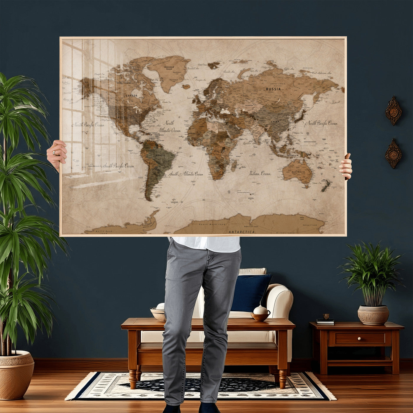 40064188-MGV-CV-36X24 - World Map Wall Art Canvas Print, Modern Decorative Framed Map Artwork Prints for Living Room, Office, Bedroom Wall Decor