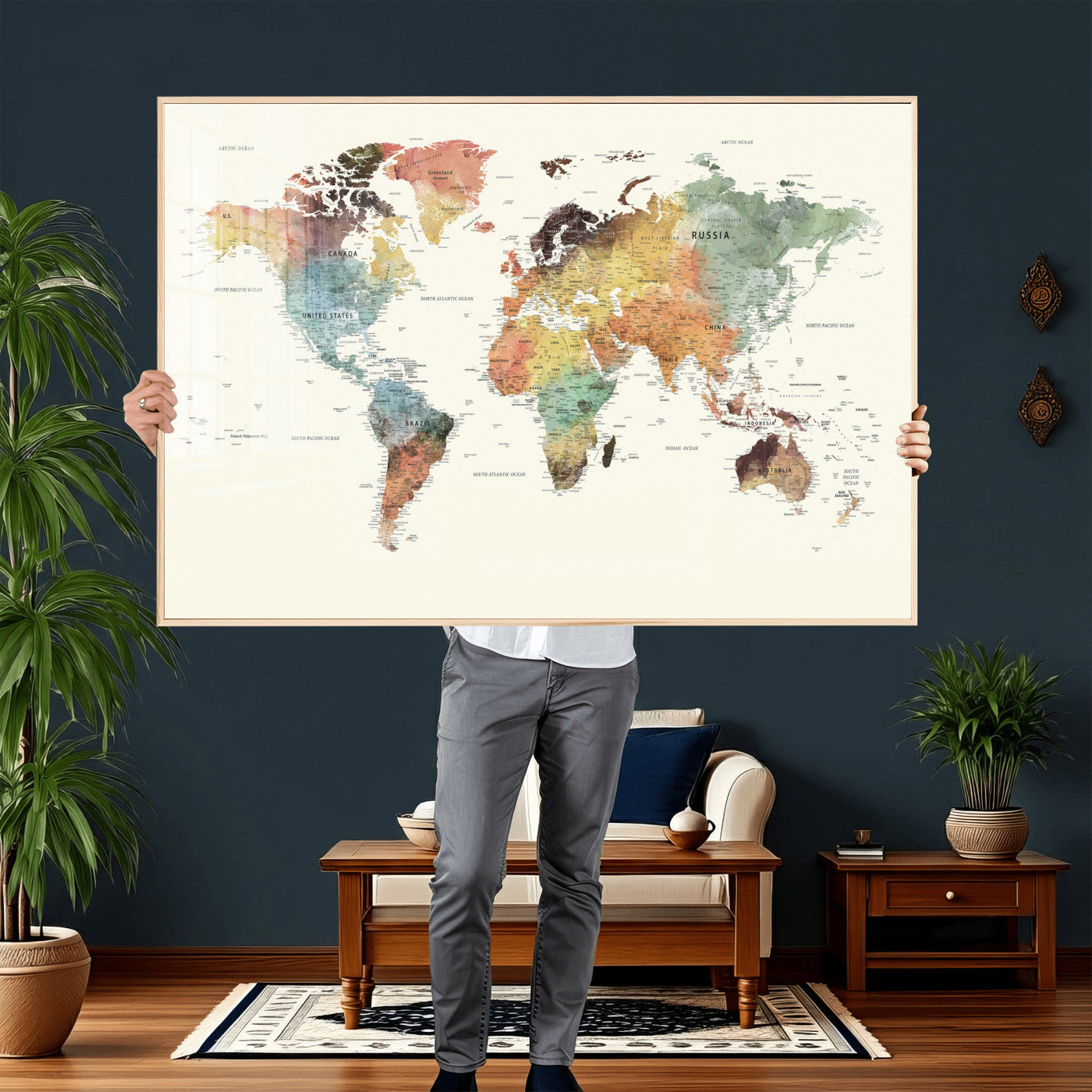 64206059-MGV-CV-36X24 - World Map Wall Art Canvas Print, Modern Decorative Framed Map Artwork Prints for Living Room, Office, Bedroom Wall Decor
