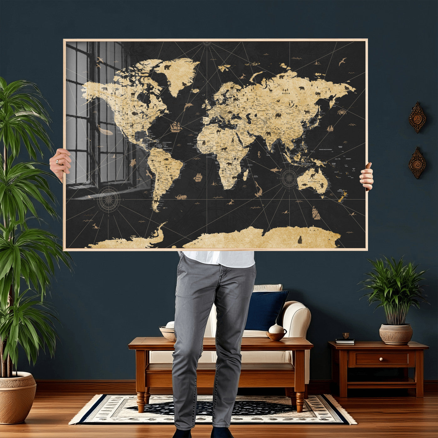 80270976-MGV-CV-36X24 - World Map Wall Art Canvas Print, Modern Decorative Framed Map Artwork Prints for Living Room, Office, Bedroom Wall Decor