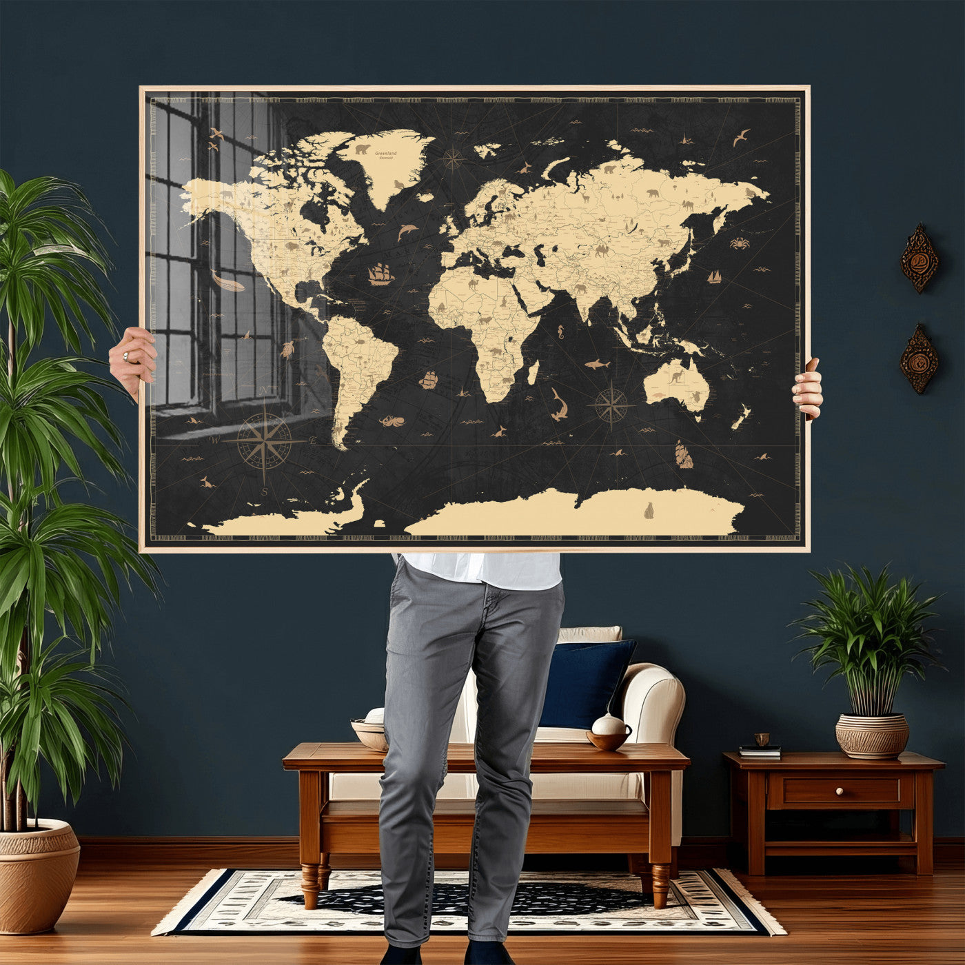 75220264-MGV-CV-36X24 - World Map Wall Art Canvas Print, Modern Decorative Framed Map Artwork Prints for Living Room, Office, Bedroom Wall Decor