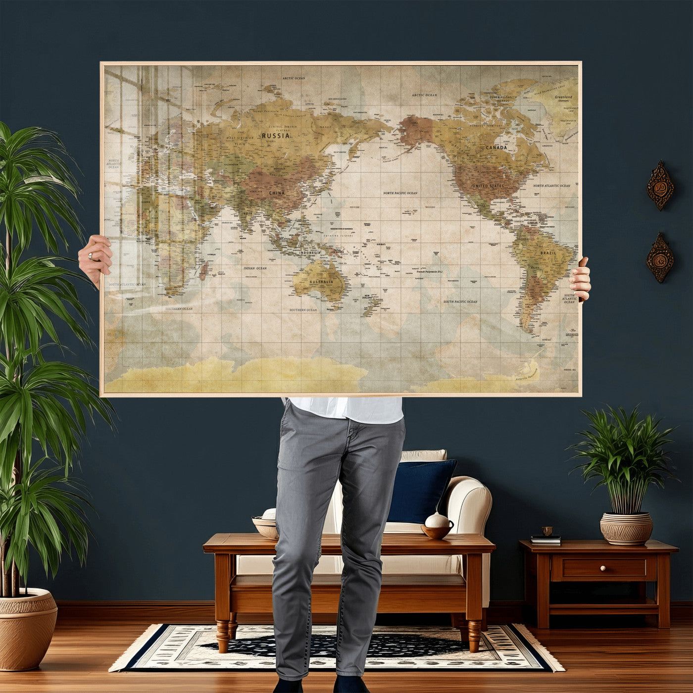 22305205-MGV-CV-36X24 - World Map Wall Art Canvas Print, Modern Decorative Framed Map Artwork Prints for Living Room, Office, Bedroom Wall Decor