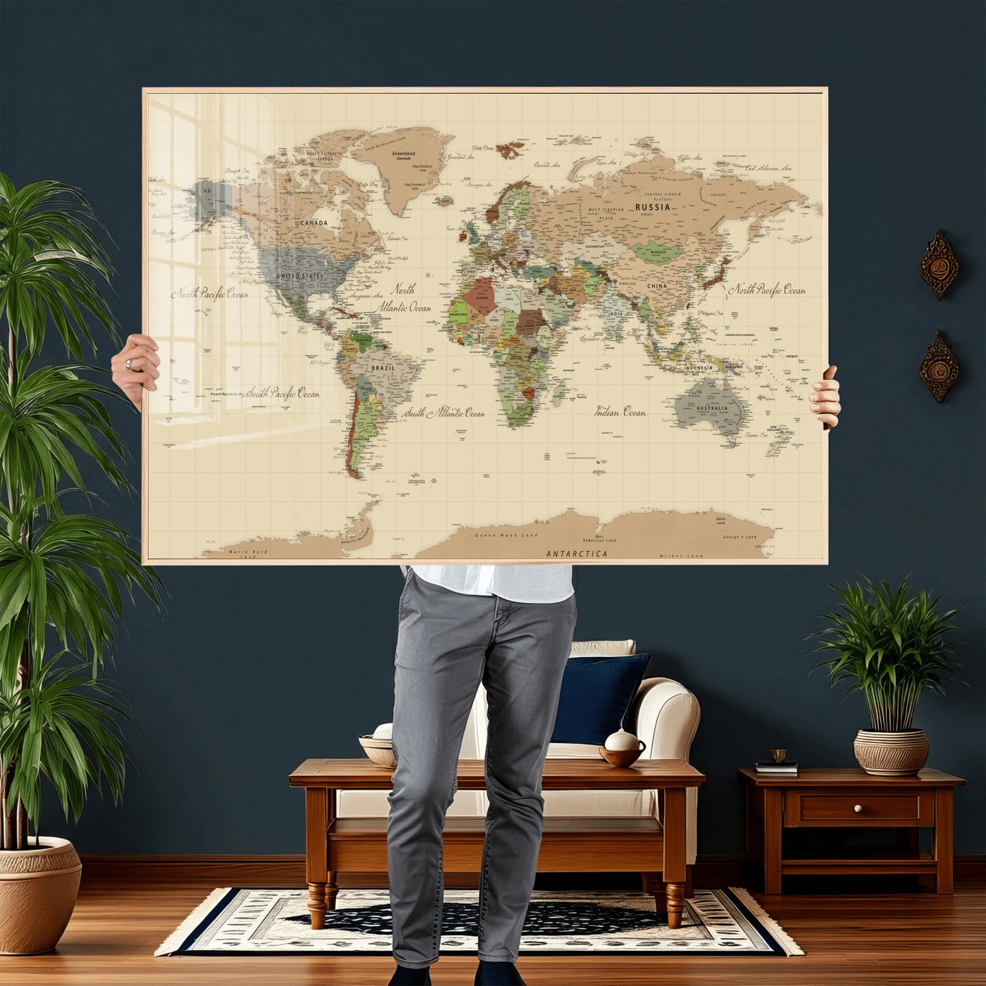 31407854-MGV-CV-36X24 - World Map Wall Art Canvas Print, Modern Decorative Framed Map Artwork Prints for Living Room, Office, Bedroom Wall Decor