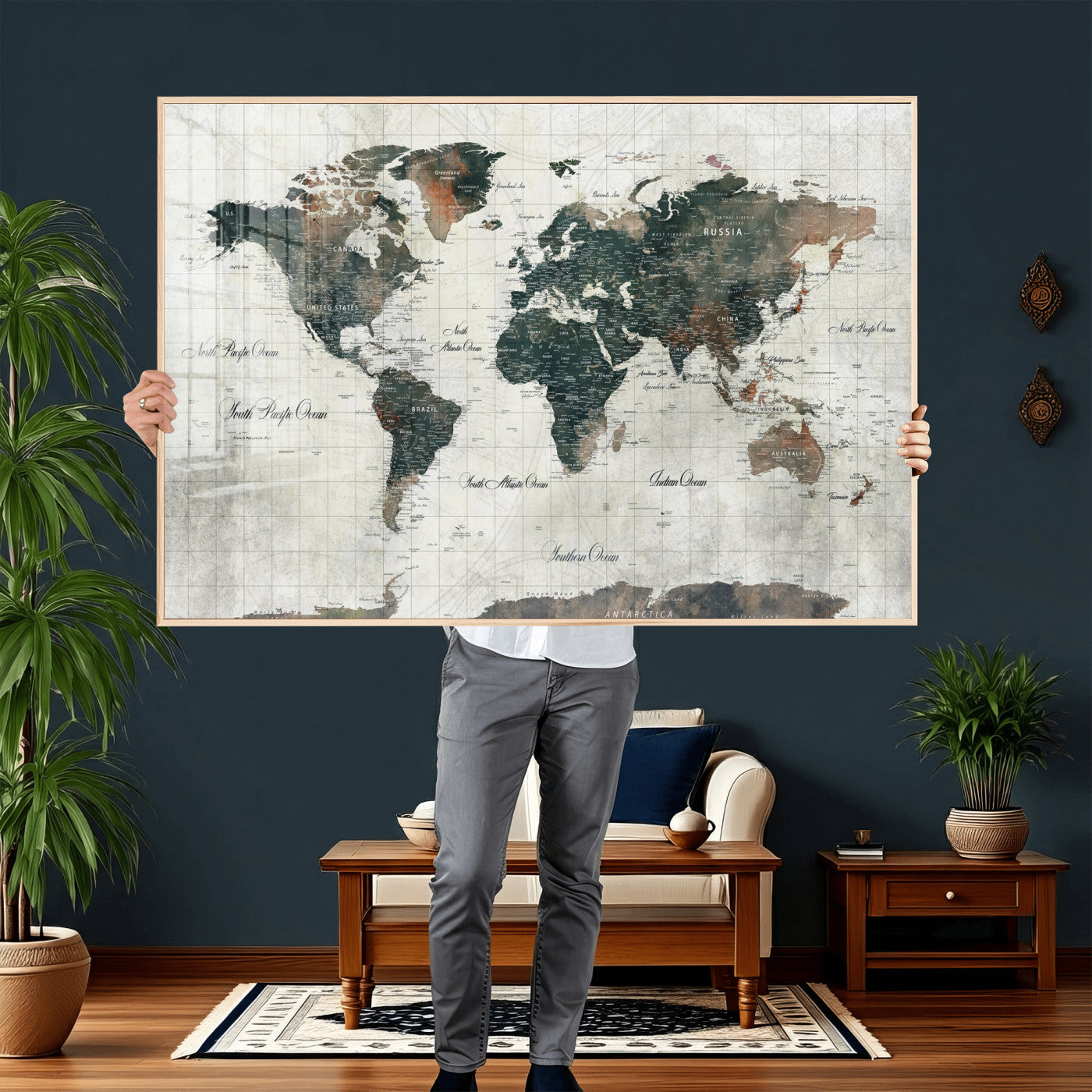 91179593-MGV-CV-36X24 - World Map Wall Art Canvas Print, Modern Decorative Framed Map Artwork Prints for Living Room, Office, Bedroom Wall Decor