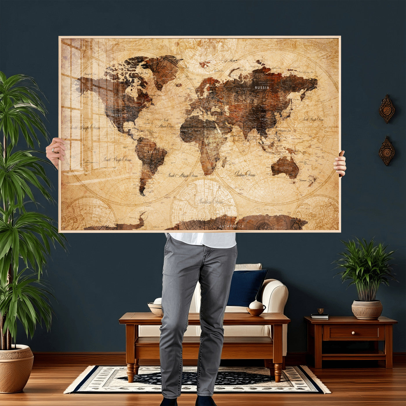40760475-MGV-CV-36X24 - World Map Wall Art Canvas Print, Modern Decorative Framed Map Artwork Prints for Living Room, Office, Bedroom Wall Decor