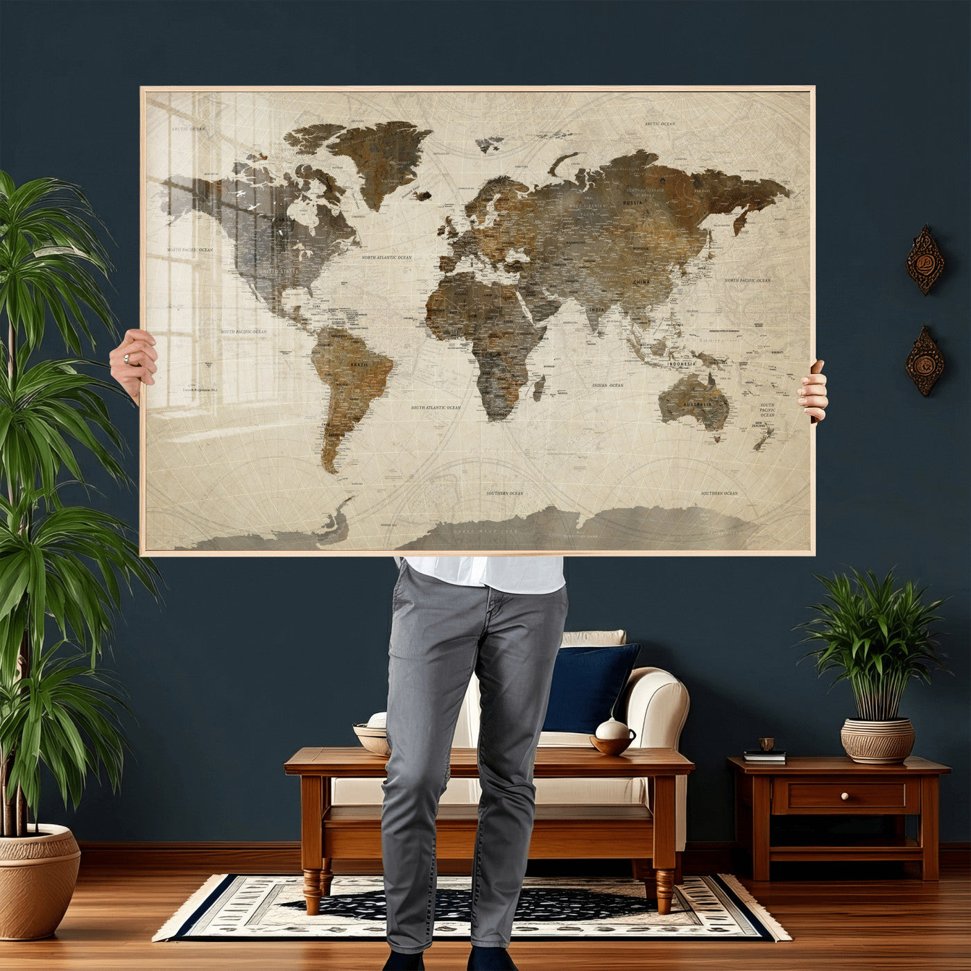 49623468-MGV-CV-36X24 - World Map Wall Art Canvas Print, Modern Decorative Framed Map Artwork Prints for Living Room, Office, Bedroom Wall Decor