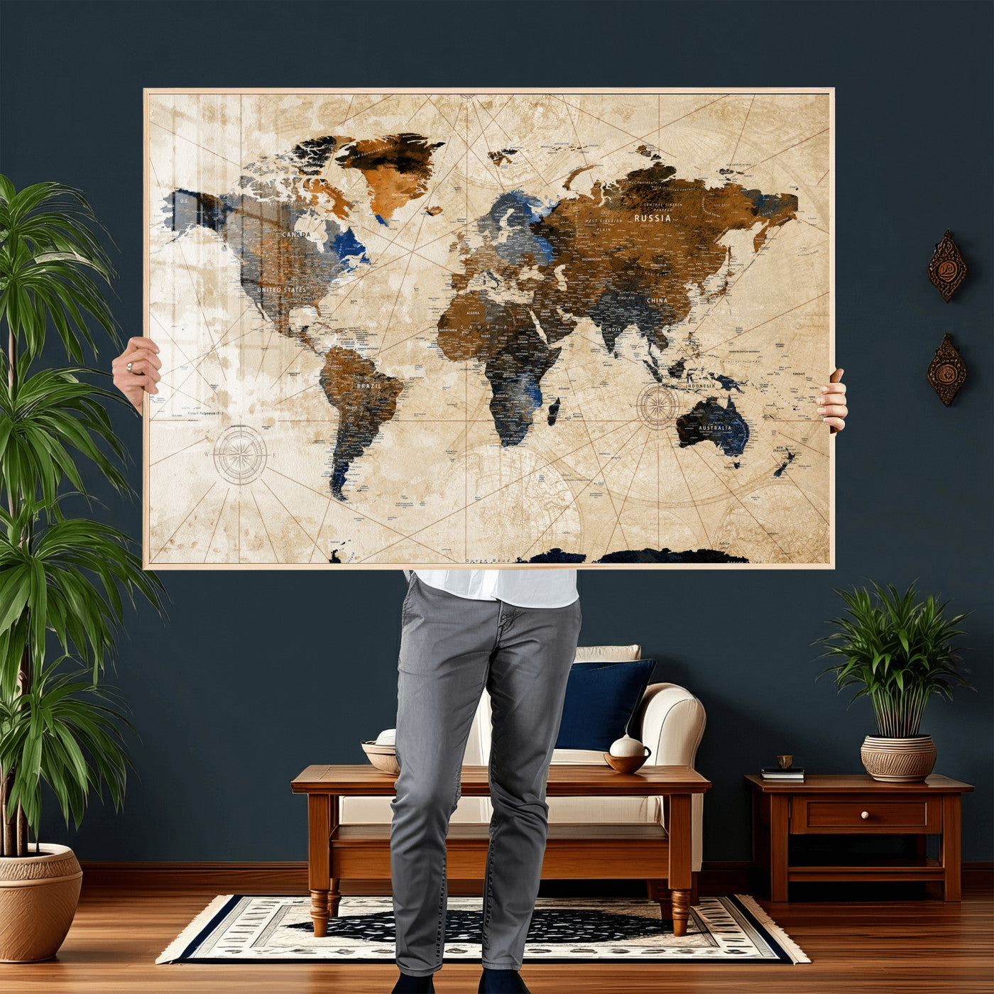 15727090-MGV-CV-36X24 - World Map Wall Art Canvas Print, Modern Decorative Framed Map Artwork Prints for Living Room, Office, Bedroom Wall Decor