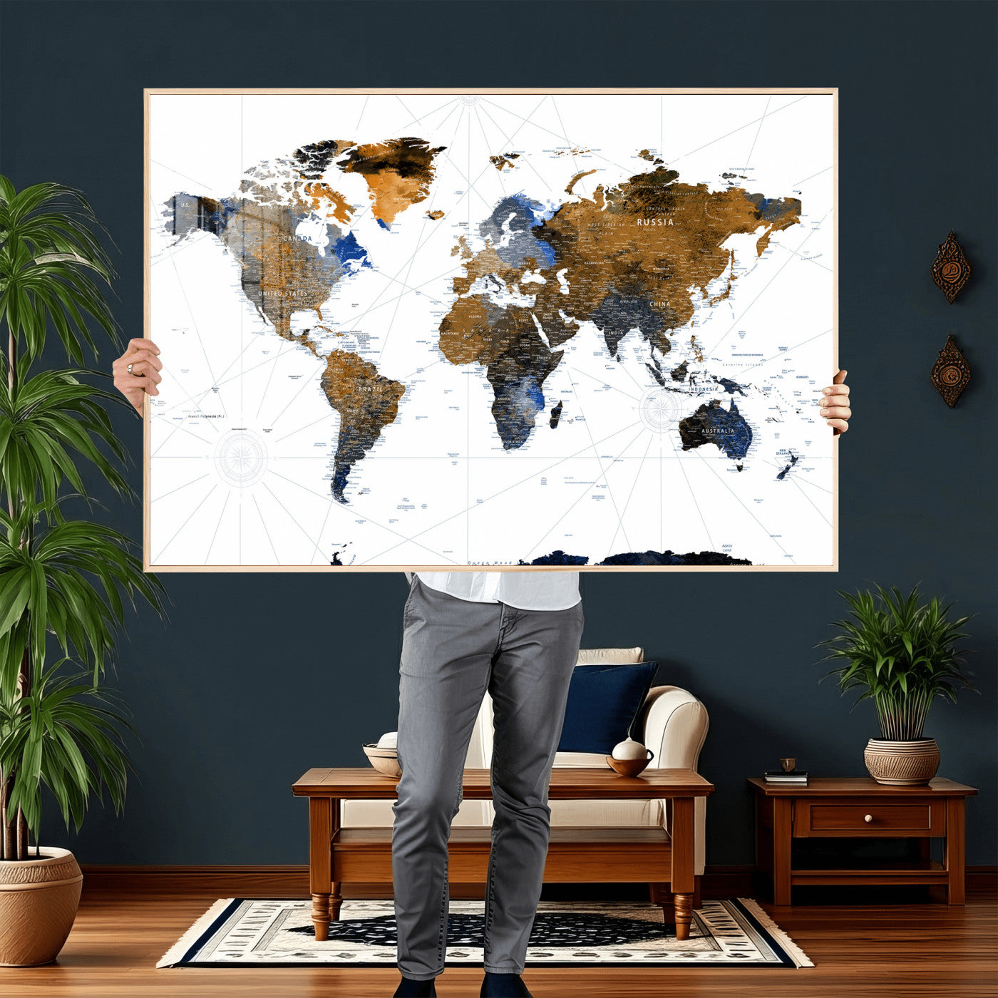 56364879-MGV-CV-36X24 - World Map Wall Art Canvas Print, Modern Decorative Framed Map Artwork Prints for Living Room, Office, Bedroom Wall Decor
