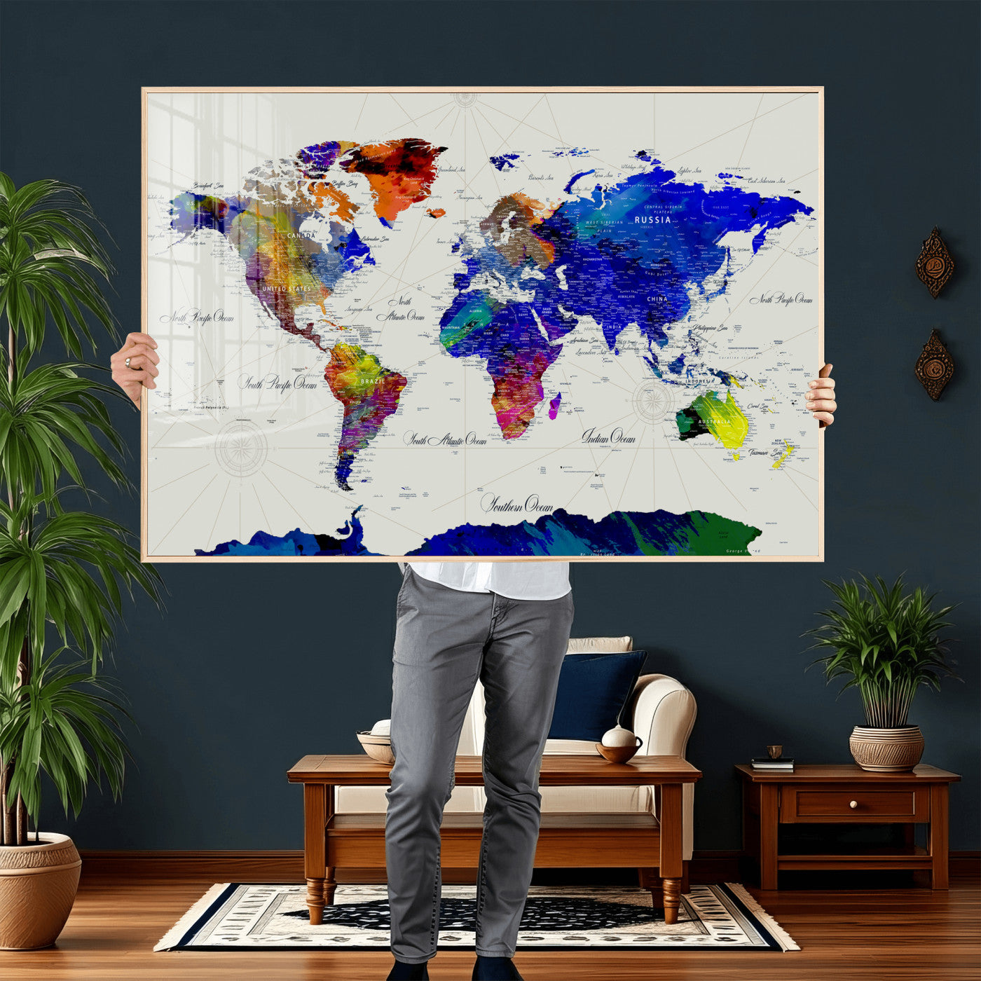 49670038-MGV-CV-36X24 - World Map Wall Art Canvas Print, Modern Decorative Framed Map Artwork Prints for Living Room, Office Decor