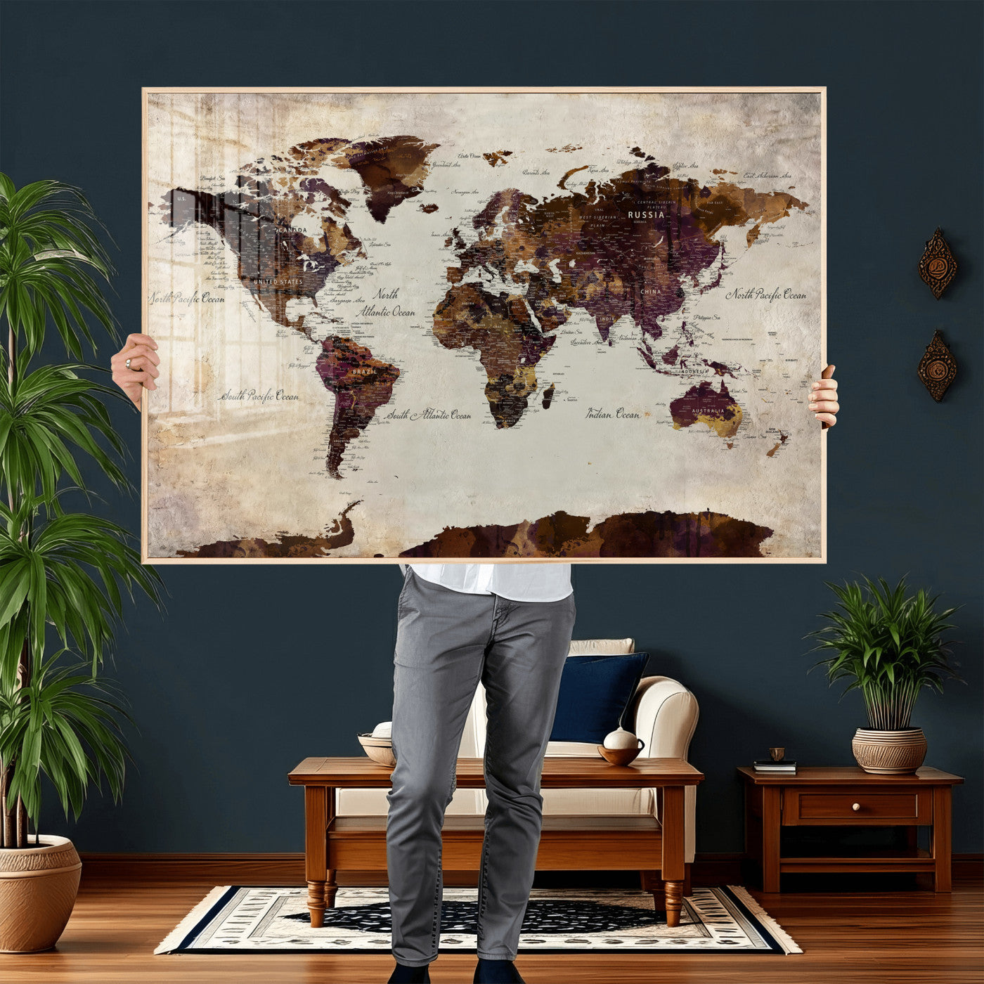 50611123-MGV-CV-36X24 - World Map Canvas Triptych – Colorful Global Wall Art for Living Rooms, Offices, and Study Spaces