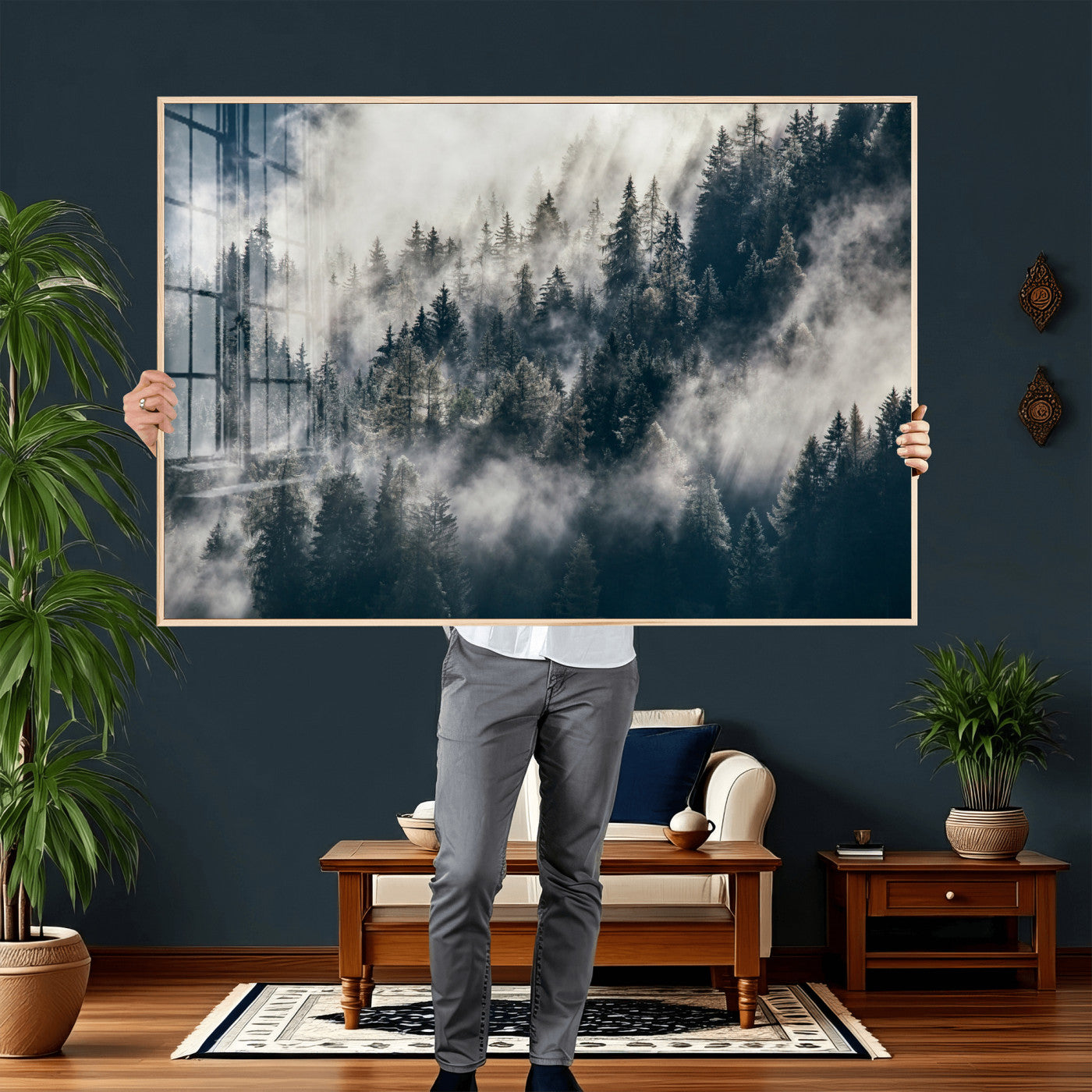 63405824-MGV-CV-36X24 - Foggy Mountain Forest Canvas Print, Misty Pine Trees Nature Wall Art, Framed Canvas Ready to Hang