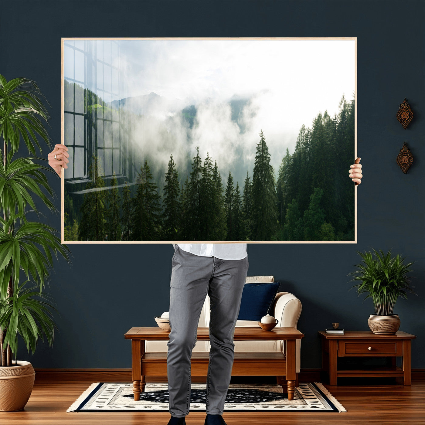 67174129-MGV-CV-36X24 - Misty Mountain Forest Canvas Print, Foggy Pine Trees Nature Wall Art, Framed Canvas Ready to Hang