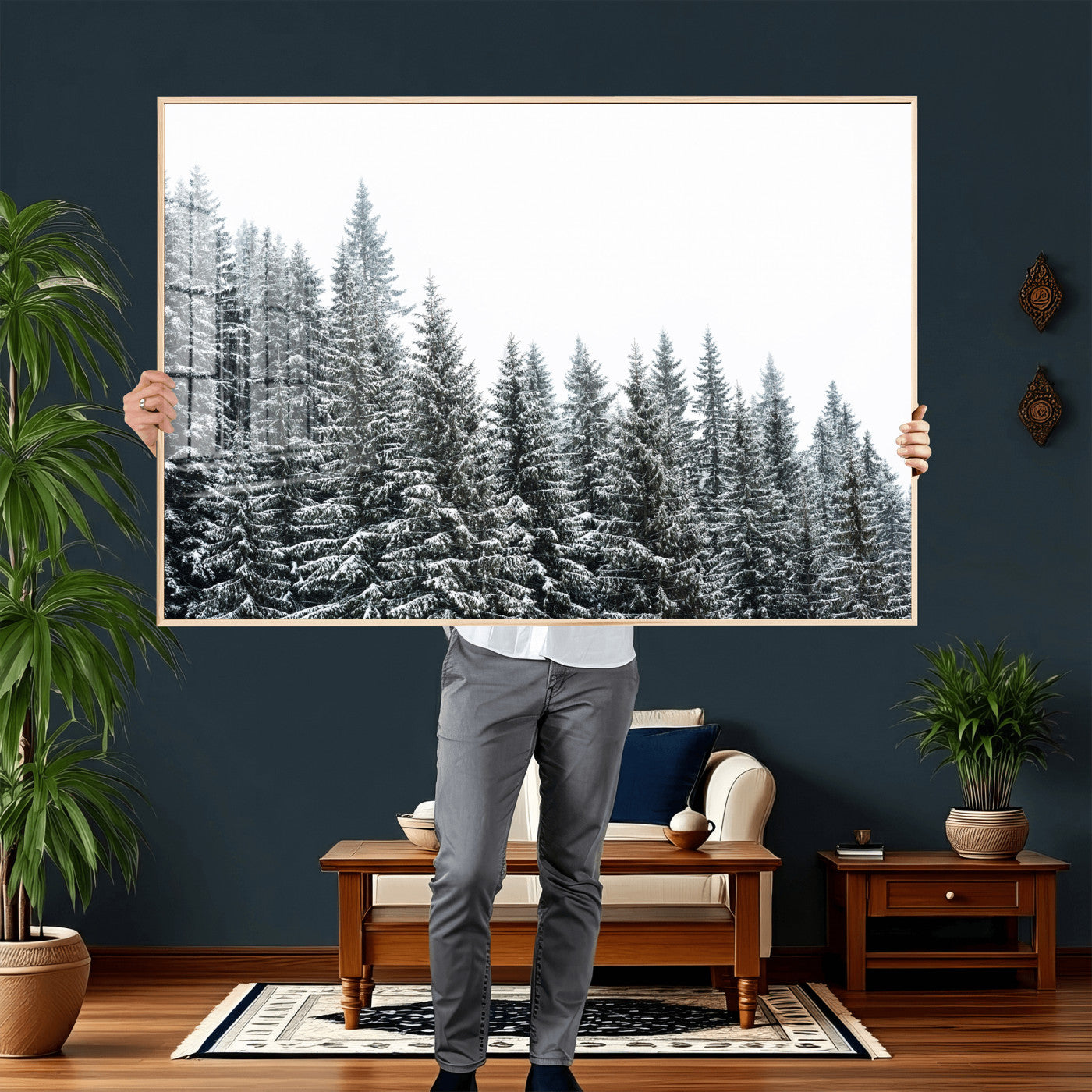 69566941-MGV-CV-36X24 - Misty Mountain Forest Canvas Print, Foggy Pine Trees Nature Wall Art, Framed Canvas Ready to Hang