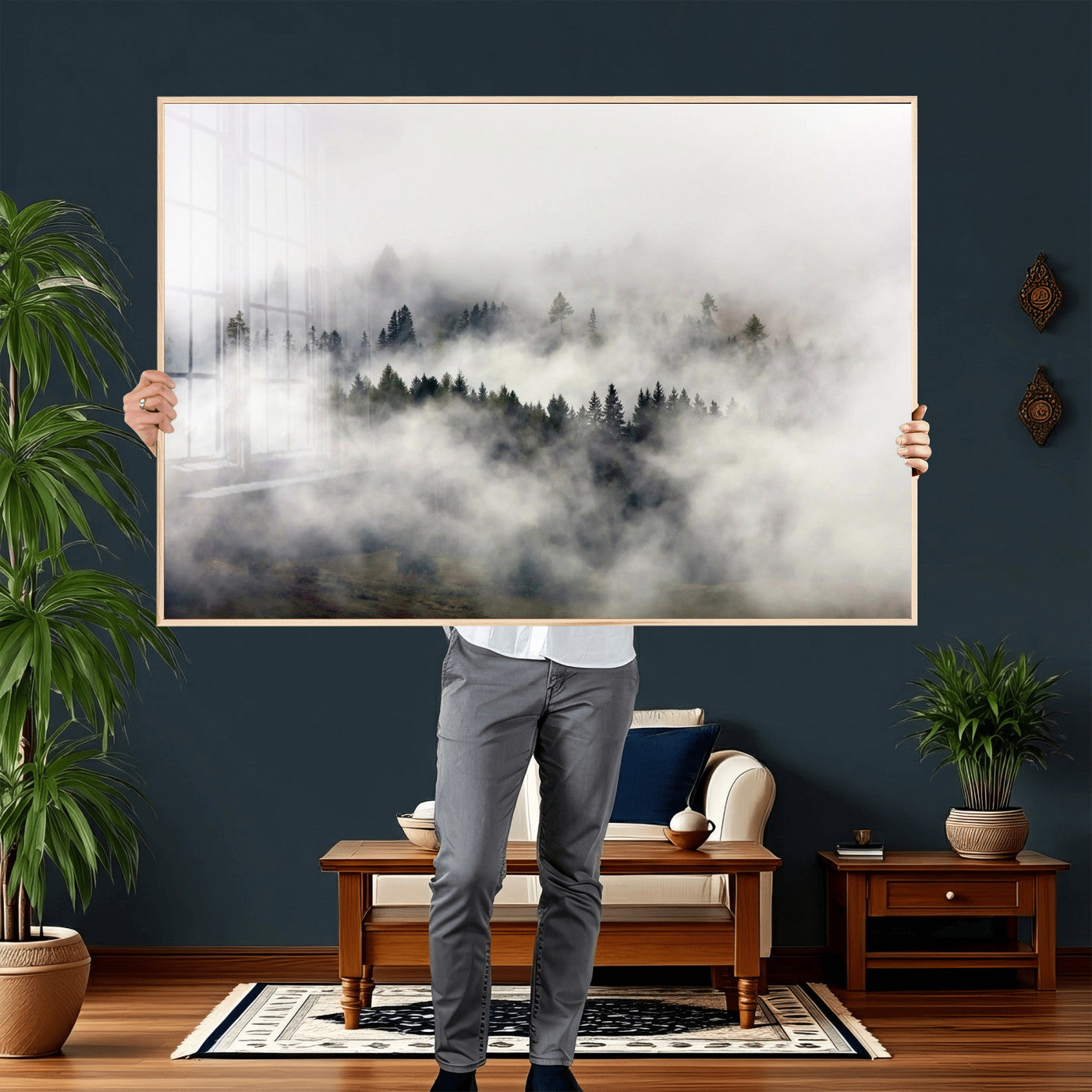 63235457-MGV-CV-36X24 - Foggy Forest Wall Art Canvas Print, Misty Pine Tree Landscape Wall Art Print, Framed Wall Art Ready to Hang