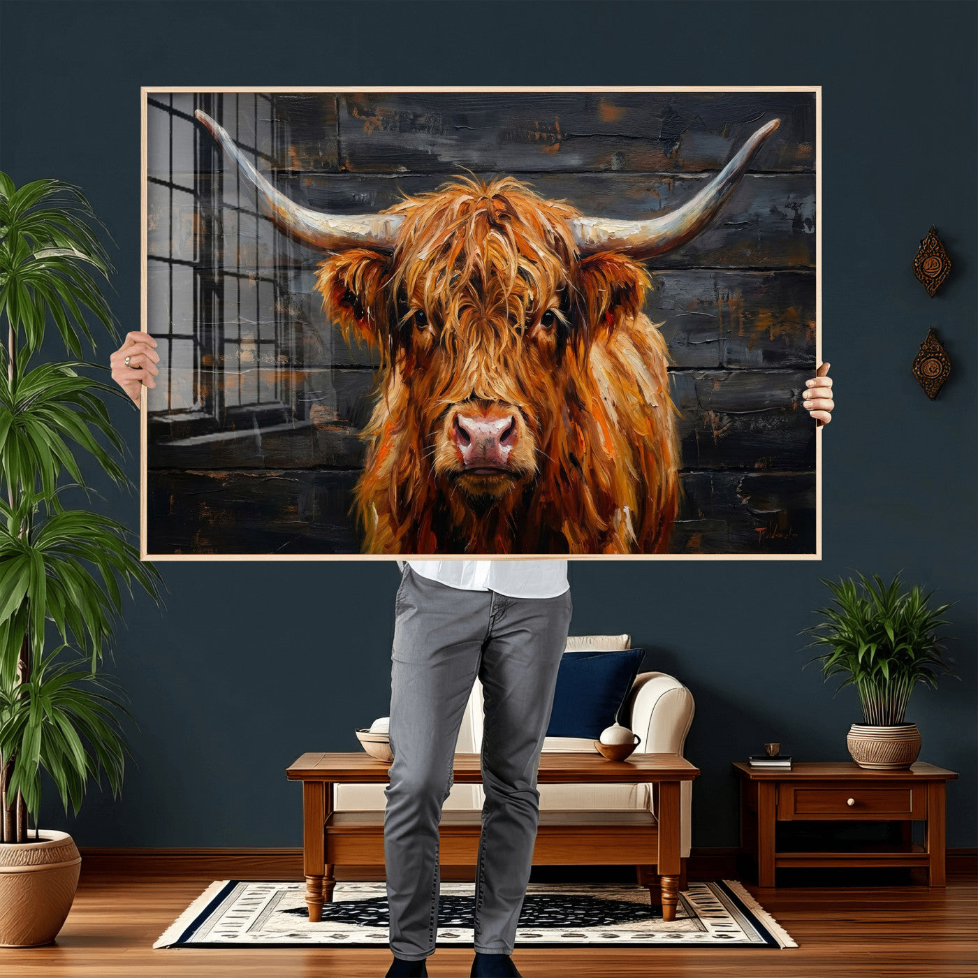 32536611-MGV-CV-36X24 - Highland Cow Wall Art Canvas Print, Rustic Farm Animal Painting, Framed Wall Art Ready to Hang