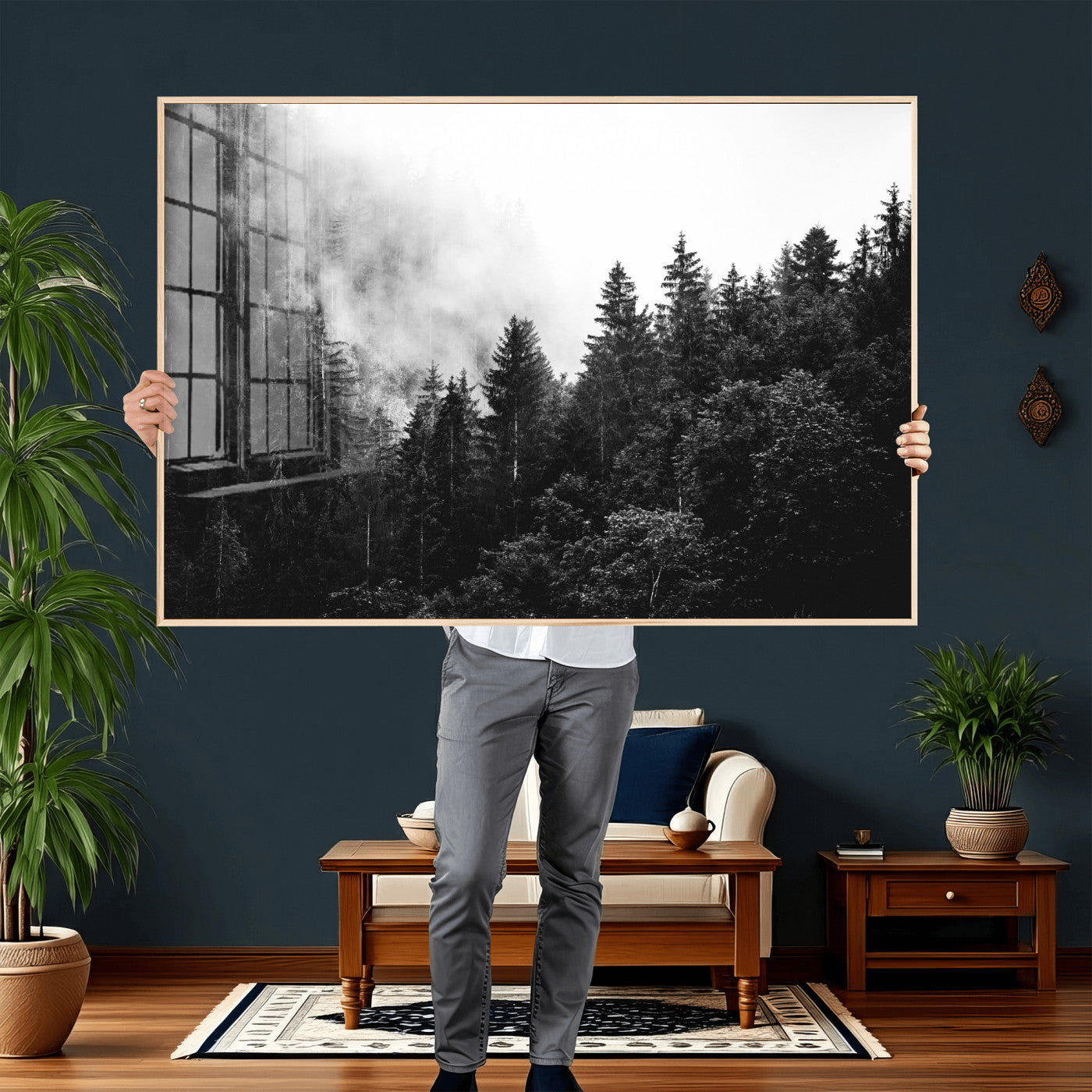 98764151-MGV-CV-36X24 - Black and White Forest Wall Art Canvas Print, Misty Pine Tree Landscape Photography, Framed Wall Art Ready to Hang