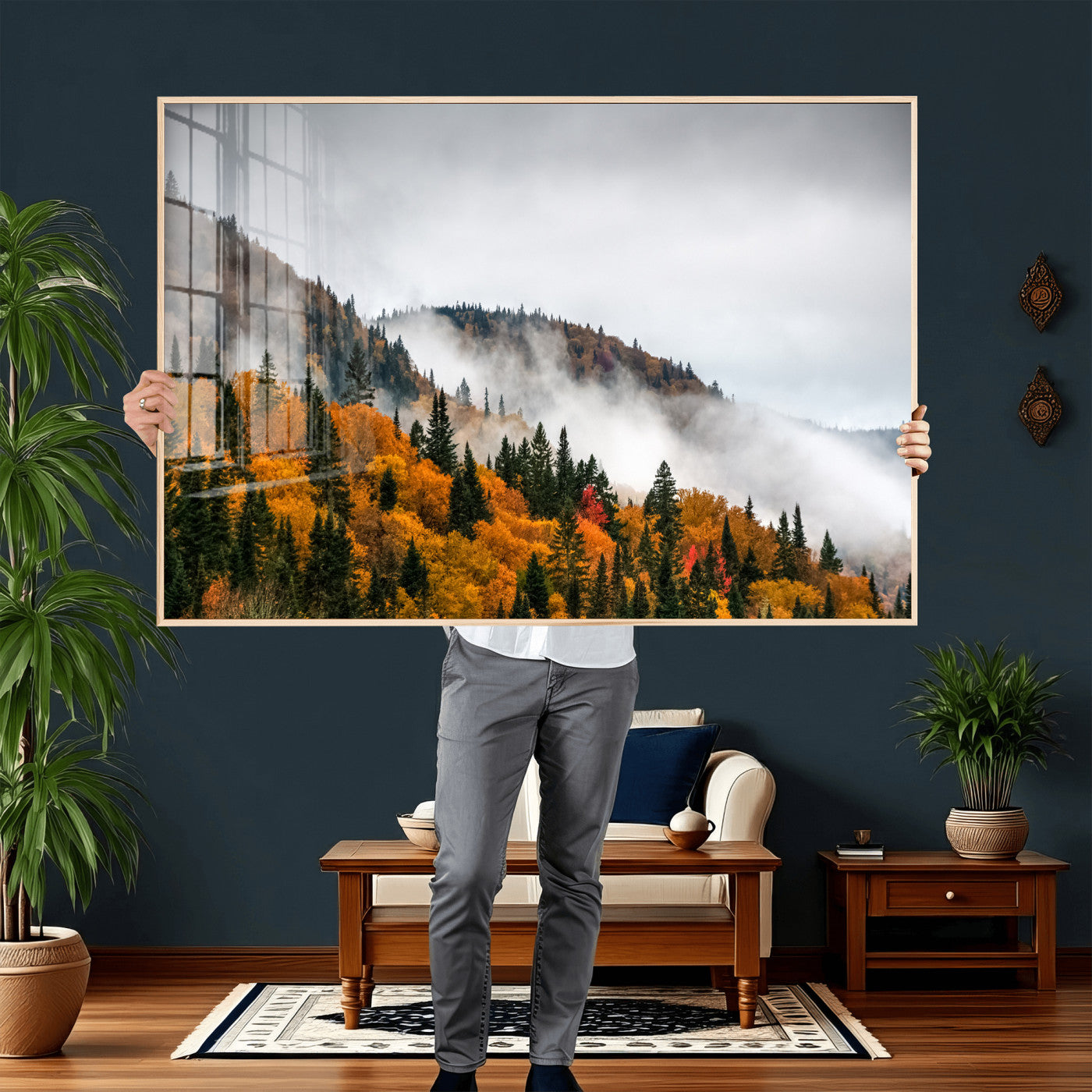 93581632-MGV-CV-36X24 - Autumn Forest Wall Art Canvas Print, Foggy Mountain Landscape Nature Photography, Framed Wall Art Ready to Hang