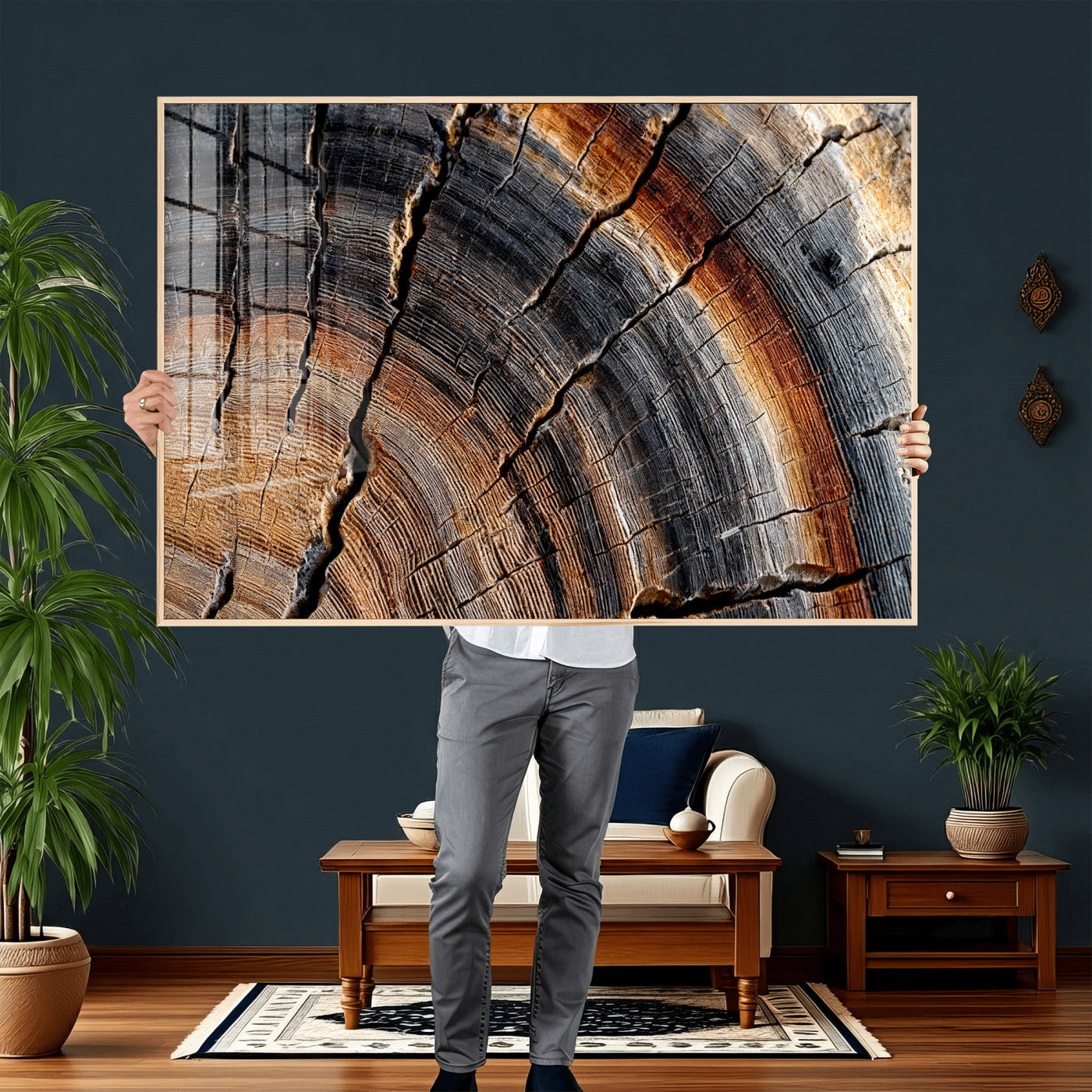 92693966E-MGV-CV-36X24 - Framed Large Abstract Wood Grain Canvas Print, Tree Ring Pattern Wall Art, Framed Canvas Ready to Hang