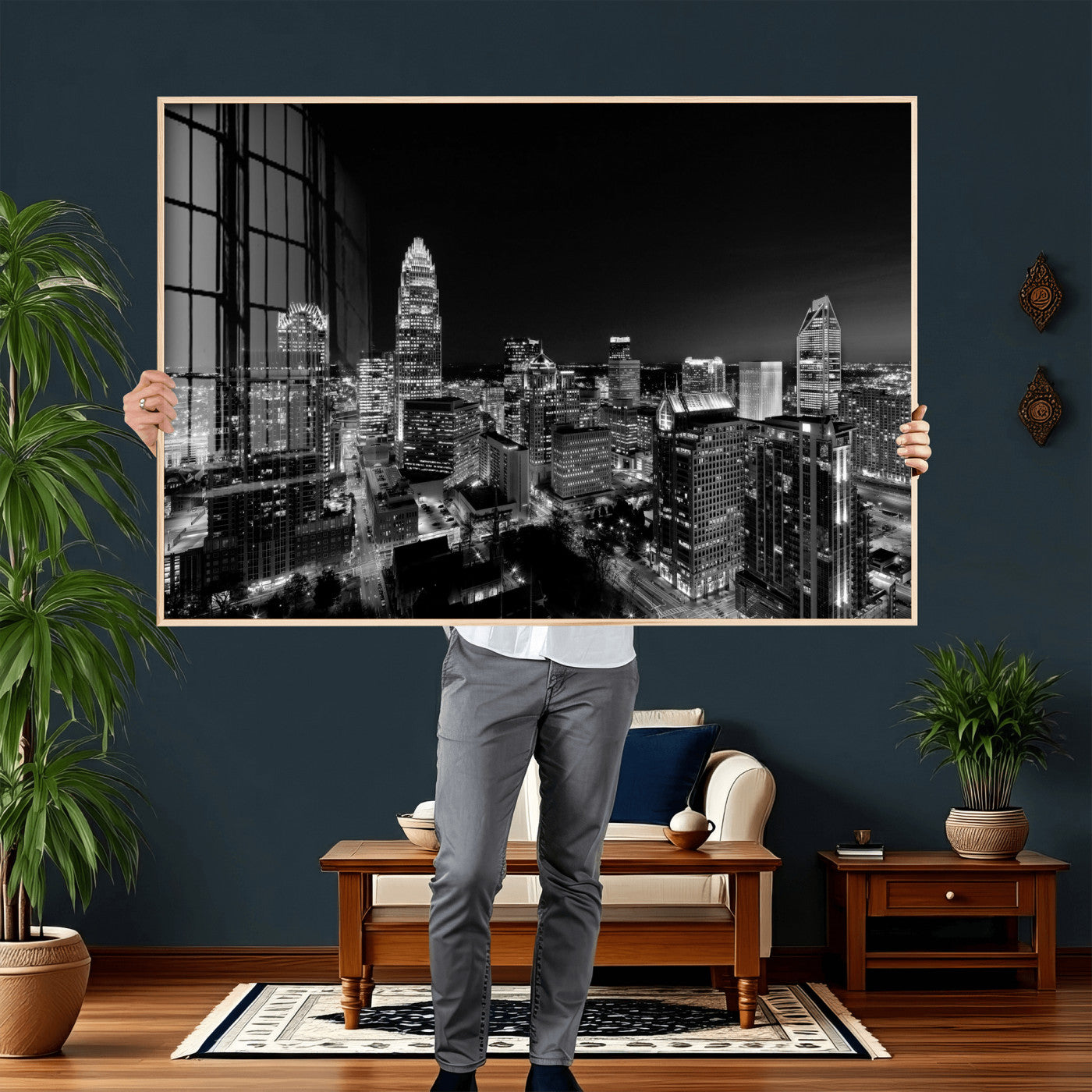 68329345-MGV-CV-36X24 - Atlanta Skyline Wall Art Canvas Print, Atlanta Downtown Night Cityscape Print for Modern Urban Wall Decor