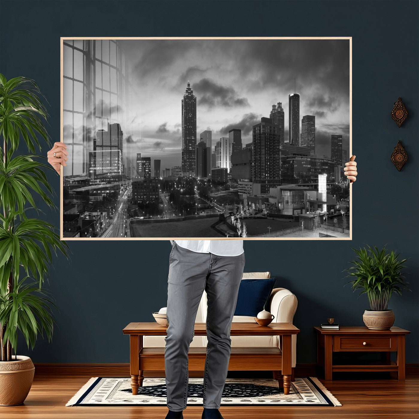 91959506-MGV-CV-36X24 - Atlanta Skyline Wall Art Canvas Print, Atlanta Downtown Night Cityscape Print for Modern Urban Wall Decor