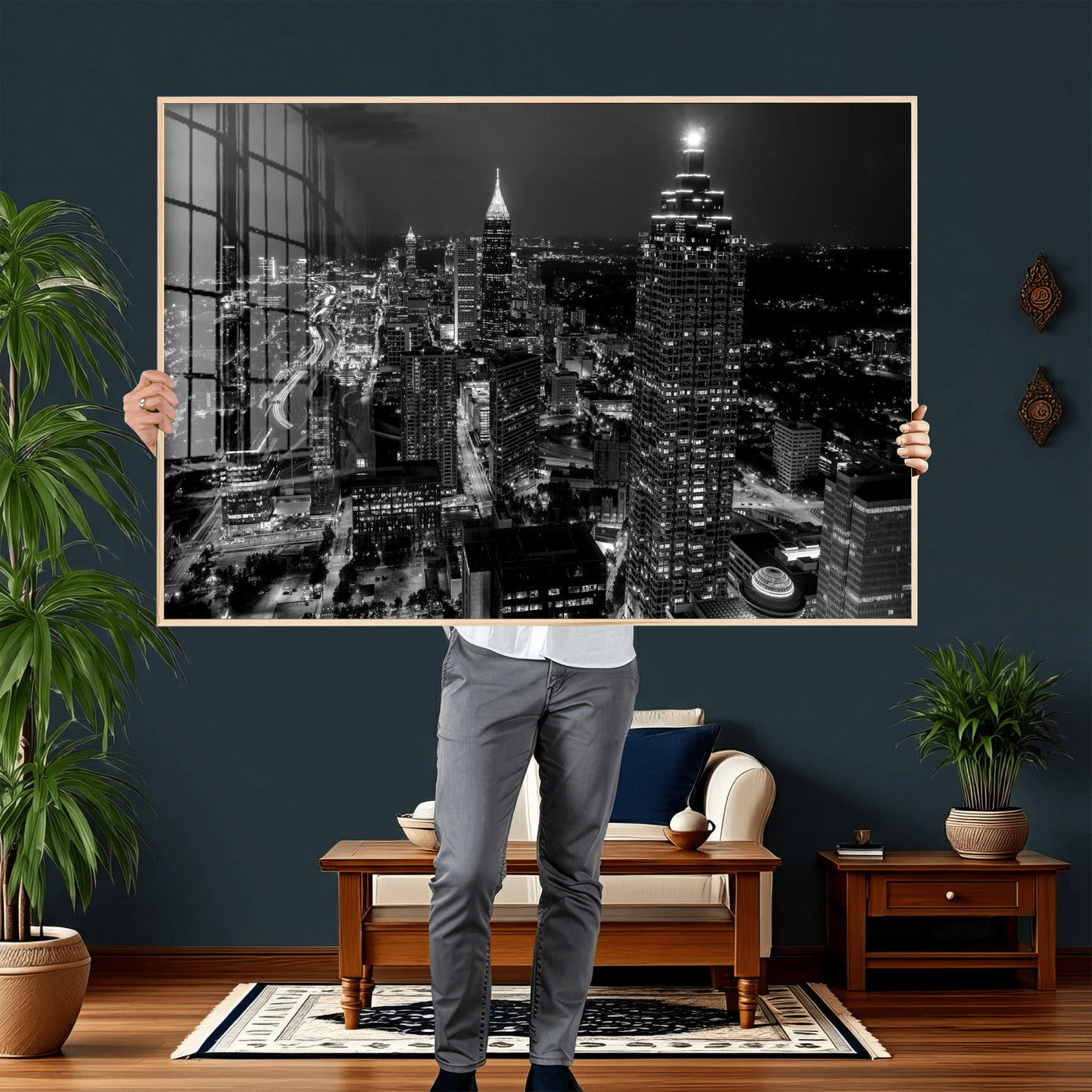 56773510-MGV-CV-36X24 - Atlanta Skyline Wall Art Canvas Print, Atlanta Downtown Night Cityscape Print for Modern Urban Wall Decor