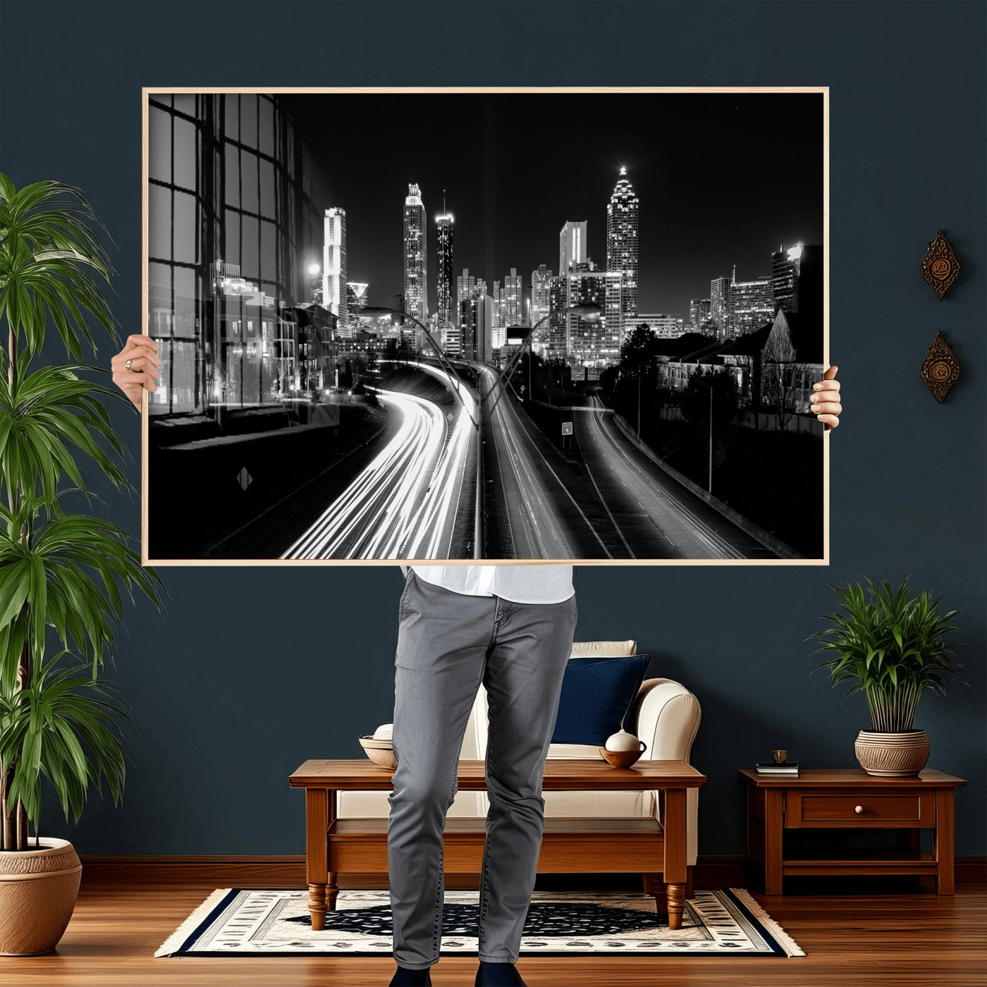 80330064-MGV-CV-36X24 - Atlanta Skyline Wall Art Canvas Print, Atlanta Downtown Night Cityscape Print for Modern Urban Wall Decor