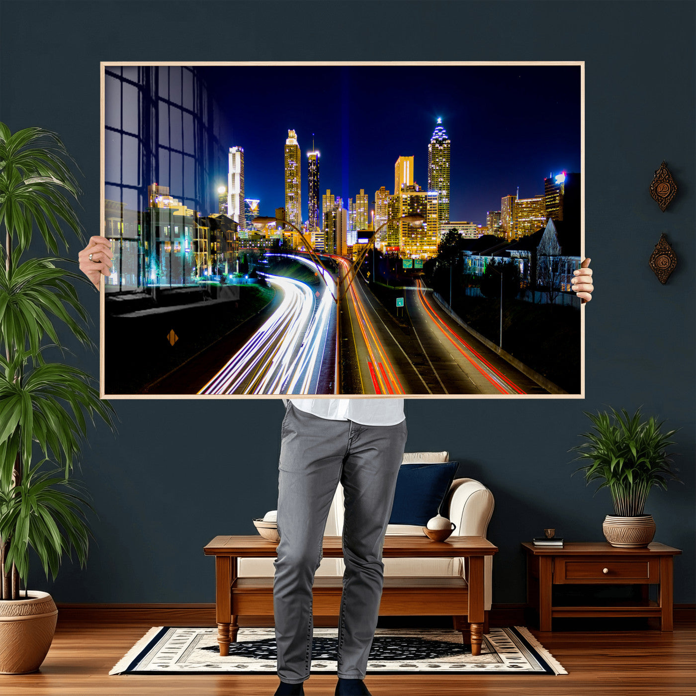 12967464-MGV-CV-36X24 - Atlanta Skyline Wall Art Canvas Print, Atlanta Downtown Night Cityscape Print for Modern Urban Wall Decor