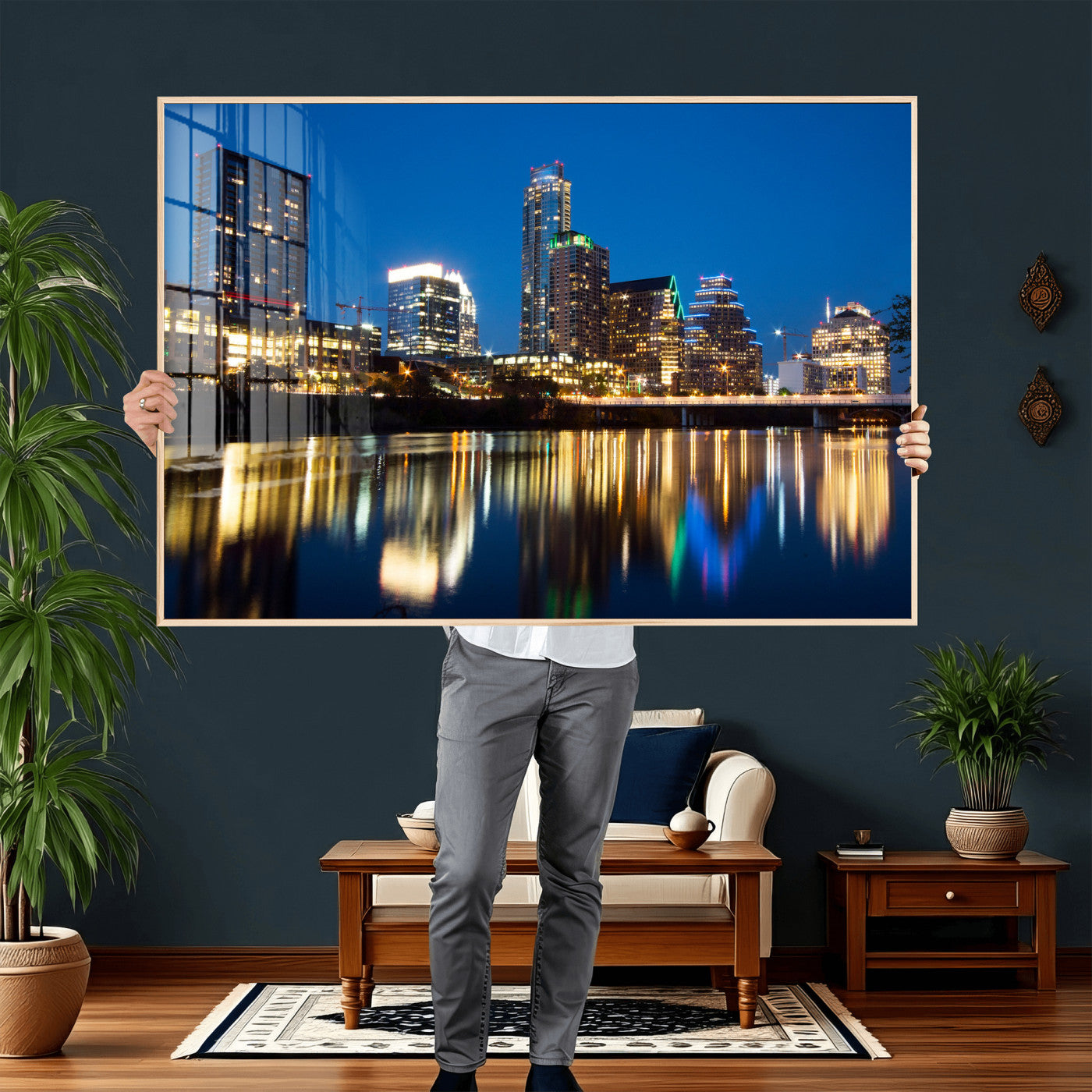 21916206-MGV-CV-36X24 - Austin Skyline Wall Art Canvas Print, Austin Downtown Night Cityscape Print for Modern Urban Wall Decor