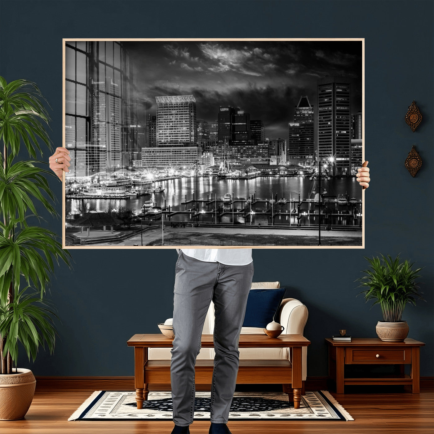 79755655-MGV-CV-36X24 - Baltimore Skyline Wall Art Canvas Print, Baltimore Downtown Night Cityscape Print for Modern Urban Wall Decor