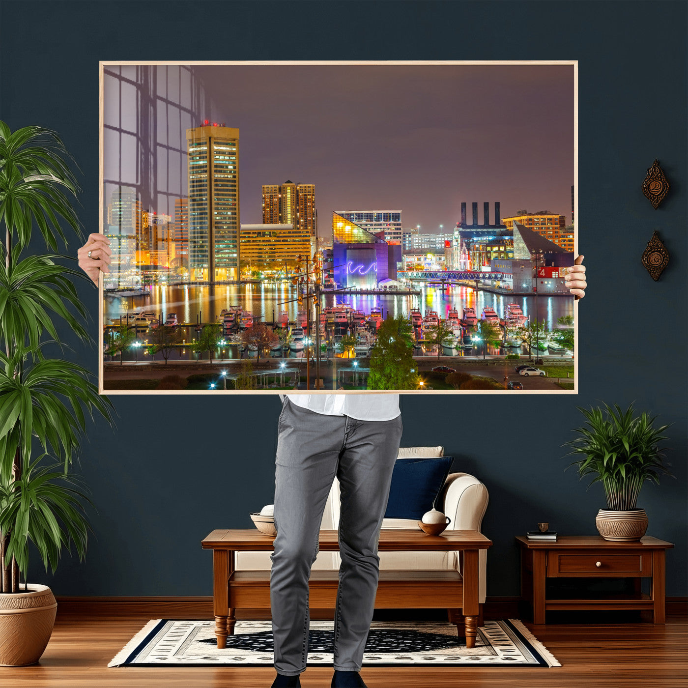 42654823-MGV-CV-36X24 - Baltimore Skyline Wall Art Canvas Print, Baltimore Downtown Night Cityscape Print for Modern Urban Wall Decor
