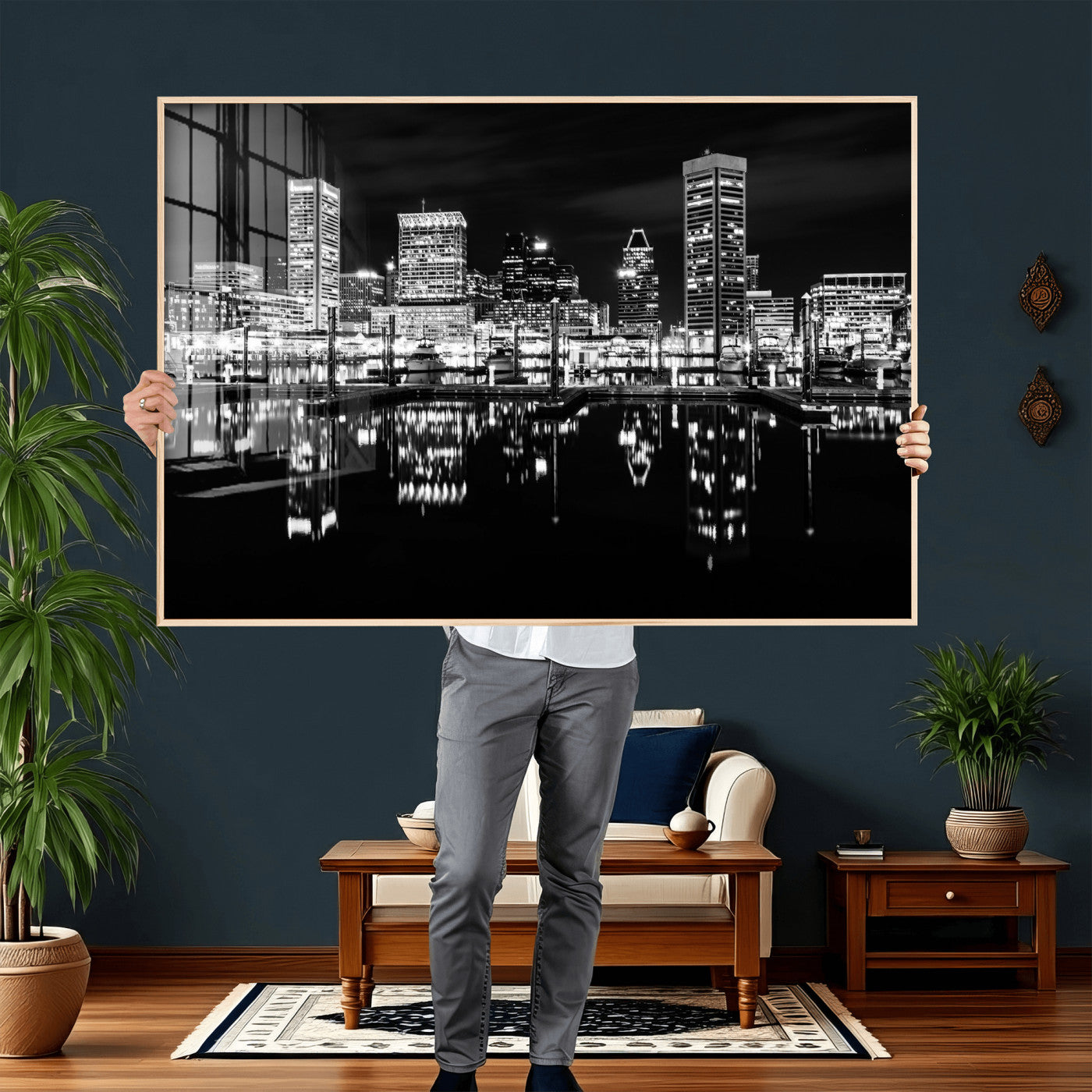 69187681-MGV-CV-36X24 - Baltimore Skyline Wall Art Canvas Print, Baltimore Downtown Night Cityscape Print for Modern Urban Wall Decor