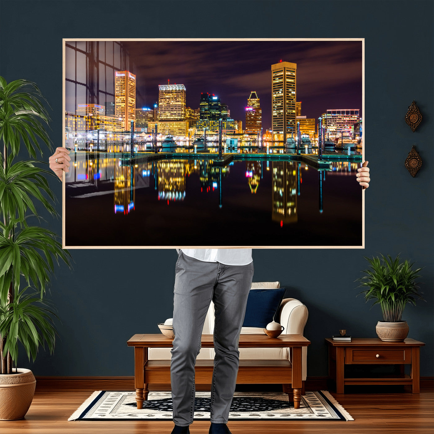 38201692-MGV-CV-36X24 - Baltimore Skyline Wall Art Canvas Print, Baltimore Downtown Night Cityscape Print for Modern Urban Wall Decor