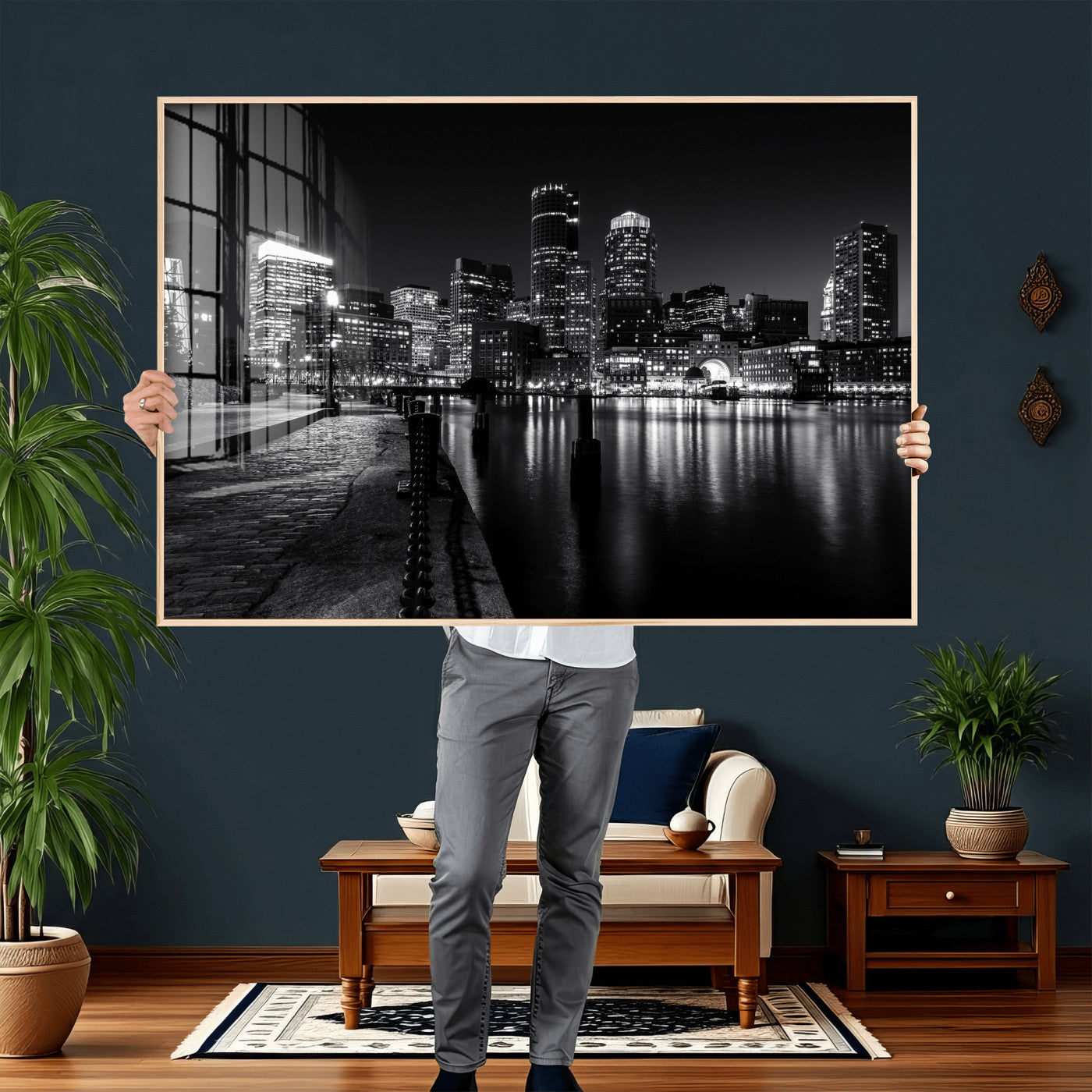 53082656-MGV-CV-36X24 - Boston Wall Art Canvas Print, Boston City Downtown Night Cityscape Print for Modern Urban Wall Decor
