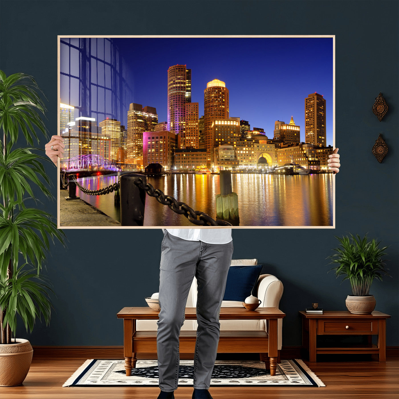 56611117-MGV-CV-36X24 - Boston Wall Art Canvas Print, Boston City Downtown Night Cityscape Print for Modern Urban Wall Decor