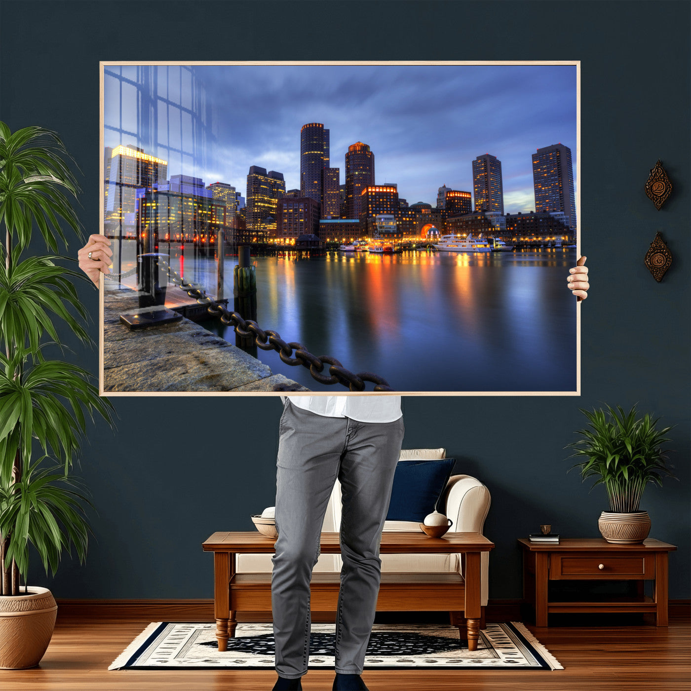 82439622-MGV-CV-36X24 - Boston Wall Art Canvas Print, Boston City Downtown Night Cityscape Print for Modern Urban Wall Decor
